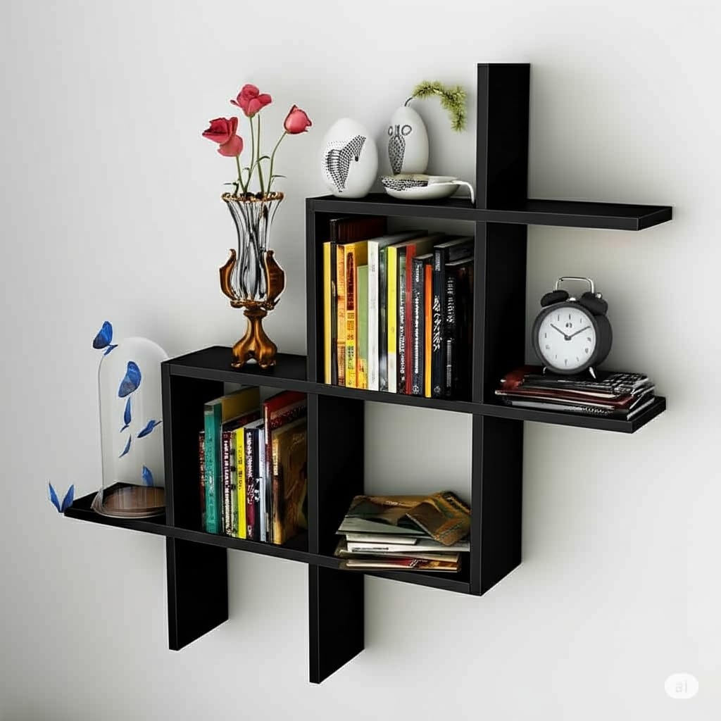 Item Name: MDF Wall Mount New Plus Wall Shelf for Home and Living Decor - Red & Black MDF (Medium Density Fiber), Wooden Wall Shelf (Number of Shelves - 6, Black)-image-41