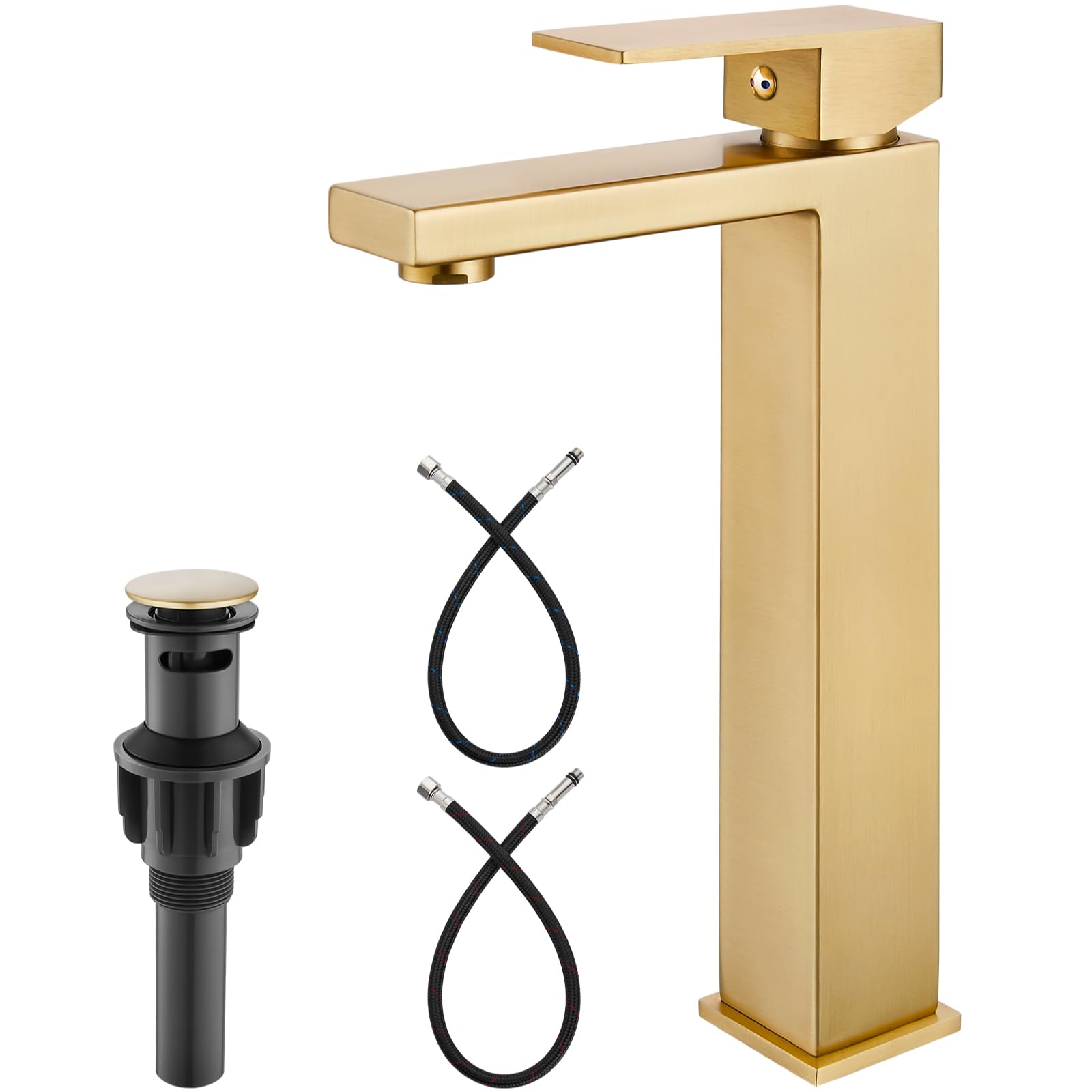 Heyalan Bathroom Vessel Sink Faucet Restroom Faucet Single Handle Basin Bowl Tap SUS304 Stainless Steel Tall Body 1 Hole Lavatory Vanity Mixer Bar Tap, with Drain,Brushed Gold