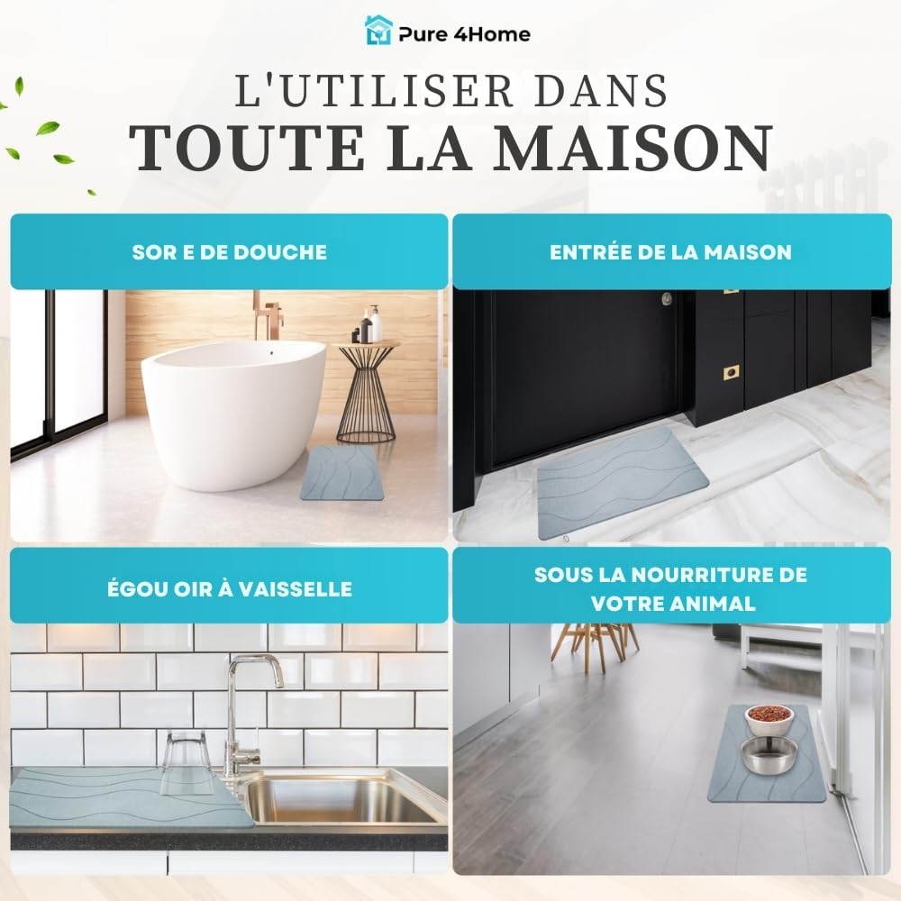 Tapis de Bain Diatomite Antidérapant 60 x 39 cm Pierre Naturelle Salle de Bain Diatomite Stone Bath Mat Waves Gray