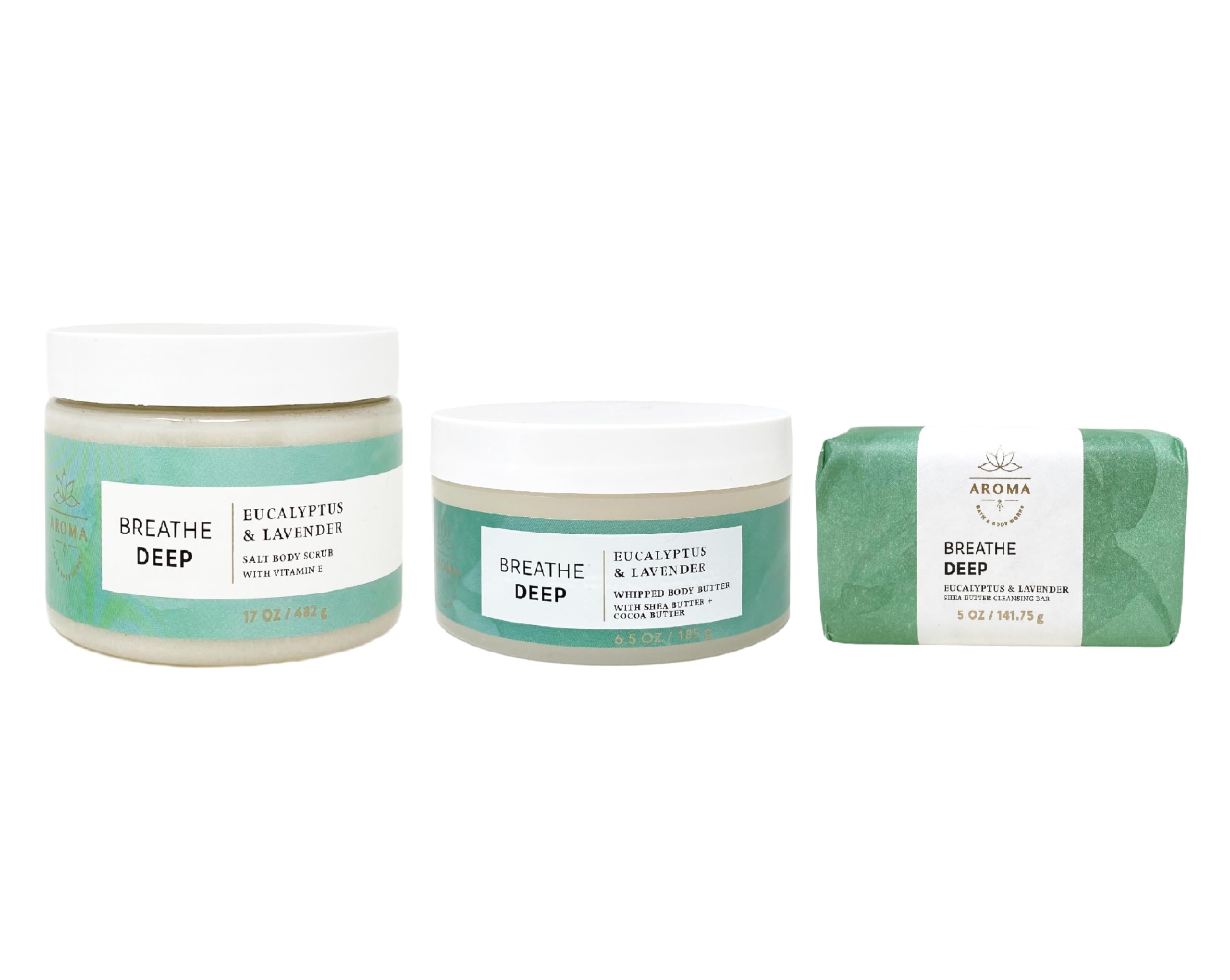 Bath and Body Work Aroma Breathe Deep Eucalyptus & Lavender Trio Gift Set - Body Scrub - Body Butter - Cleansing Bar - Full Size, Blue
