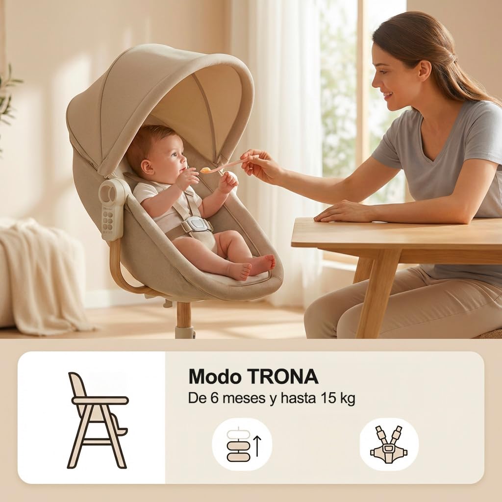 bebe2luxe Cuna 4 en 1 – Hamaca eléctrica multifunción : balancín, moisés Ajustable, Trona y Tumbona (0‑15 kg), arnés 5 Puntos, Altura/inclinación Regulable, 6 velocidades + vibración, USB/MP3, Mando