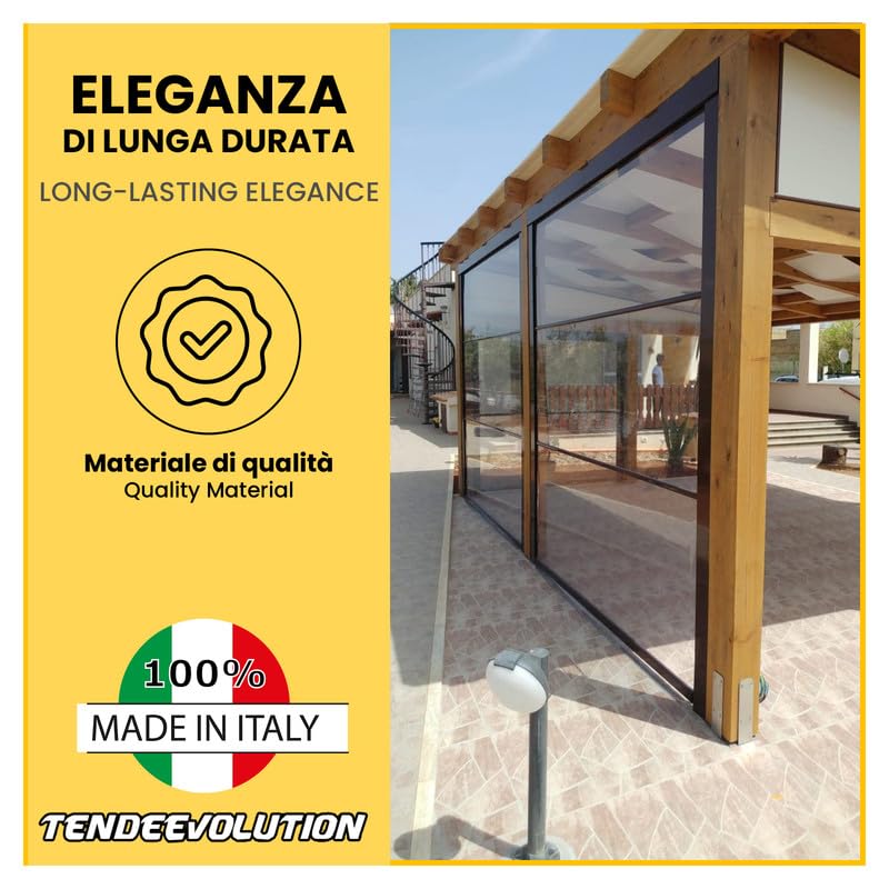 TENDEEVOLUTION Außenrollo Transparent mit Seitenschienen, Wetterfest & Maßanfertigung, Rollo Outdoor Wetterfest für Terrasse & Balkon mit Kassette (L. da 191 a 250 X H. 150)