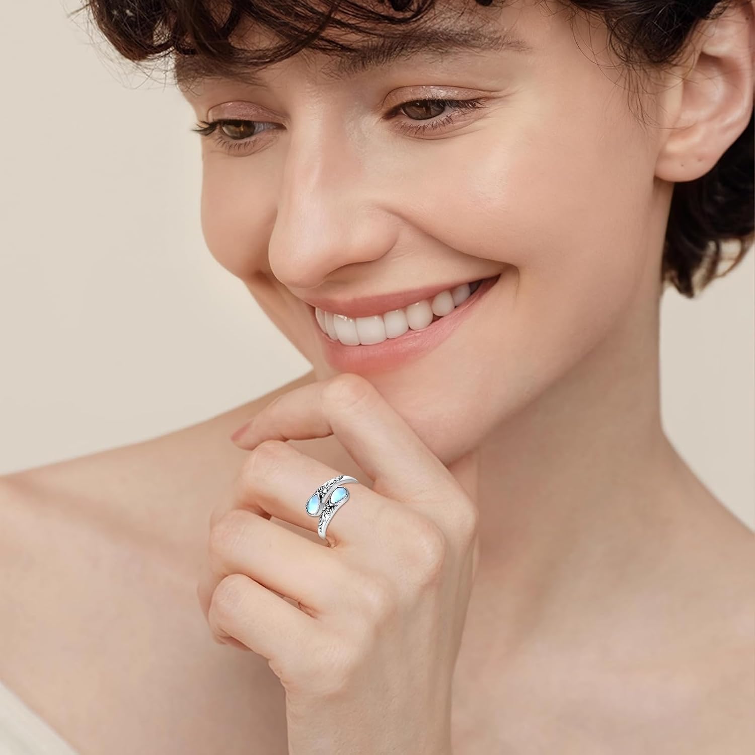 Moonstone Ring for Women 925 Sterling Silver Adjustable Open Ring Boho Statement Jewelry Gift for Her - Image 2