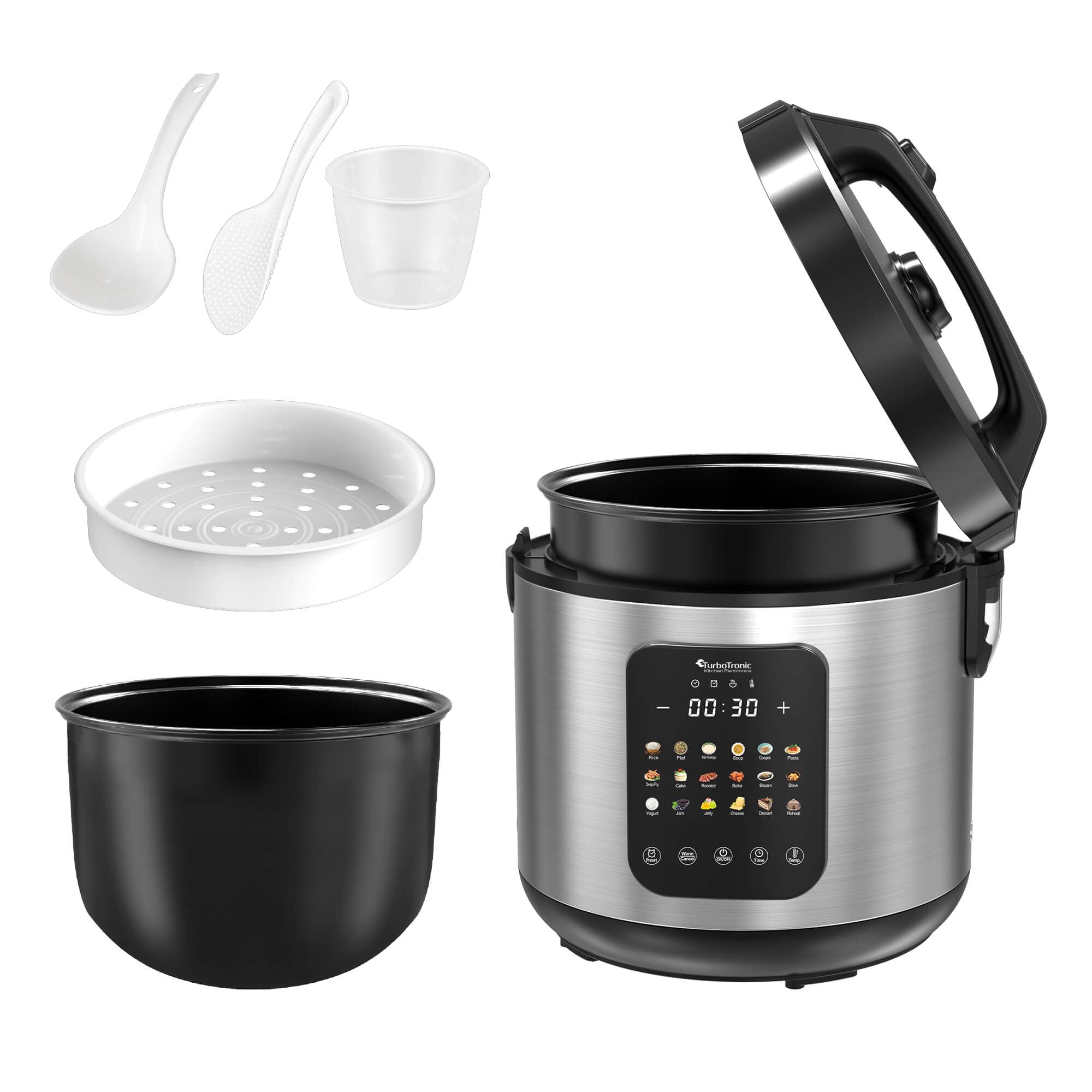 TurboTronic MultiKocher DMC18 neues 2024 Modell 5L mit Schongarer 860W Elektrisch, Dampfgarer, Reiskocher, Slow Cooker & 18 Programme, Milchreis, Multivarka (Silber)