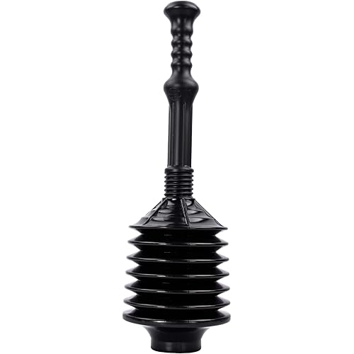 JS Jackson Supplies Professional Bellows Accordion Toilet Plunger, High Pressure Thrust Plunge Removes Heavy Duty Clogs from Clogged Bathroom Toilets, All Purpose Power Plungers for Bathrooms, Black