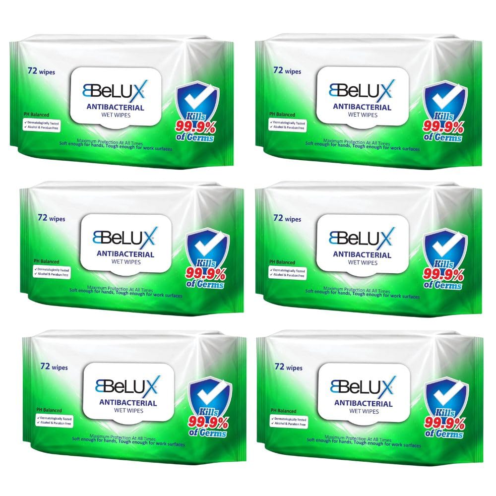 Belux Antibacterial Wet Wipes Pack of 6 - Universal Cleaning and Disinfectant Wipes Suitable for Hands and Surfaces - Dermatologically Tested - Multi-Purpos (Green (Pack of 6))