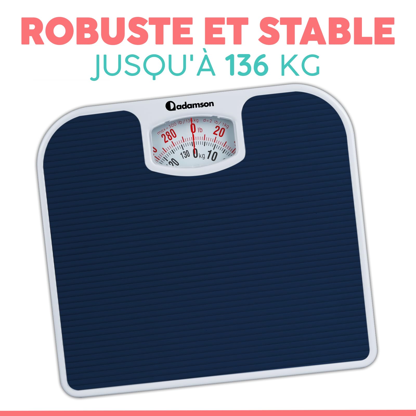 Adamson A21 Personenwaage Analog – bis zu 136 kg – Neu – Rutschfeste Gummioberfläche - Große Zahlen – Körperwaage Analog – Erschwinglich – Langlebig mit 20 Jahren Garantie - Blau