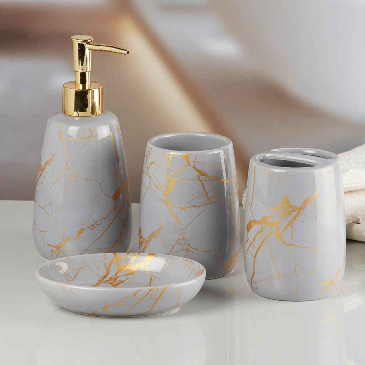 Kookee Ceramic Bathroom Set – Stylish 4 Piece Bath Accessories Kit with Soap Dispenser, Toothbrush Holder, Tumbler & Soap Dish – Modern & Designer Decor for Home & Guest Bathrooms, Grey/Gold (8684)