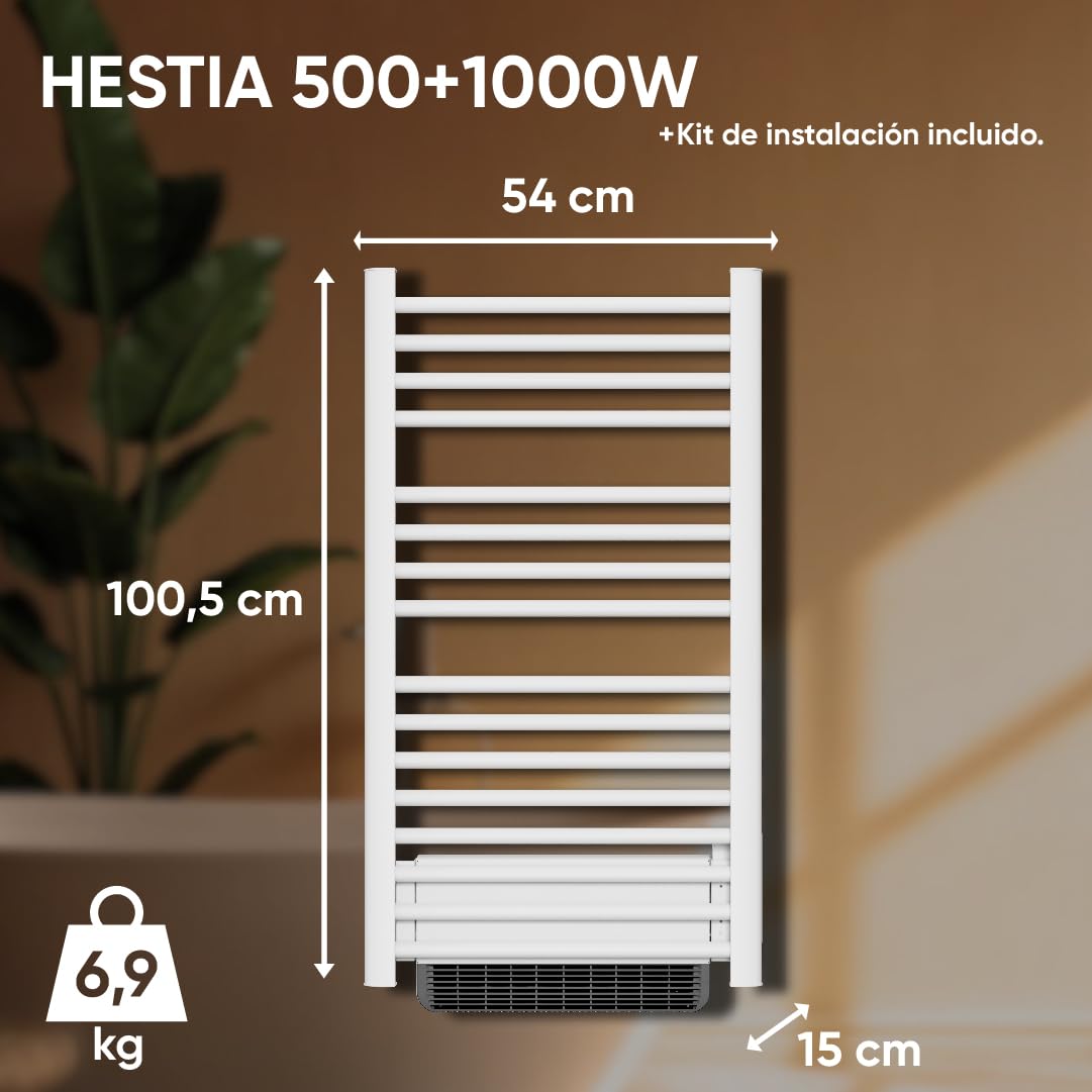 BESTHERM - Secador de toalla eléctrico sin fluido con soplador de 500 W + 1000 W H.100,5 x L54 cm, color blanco