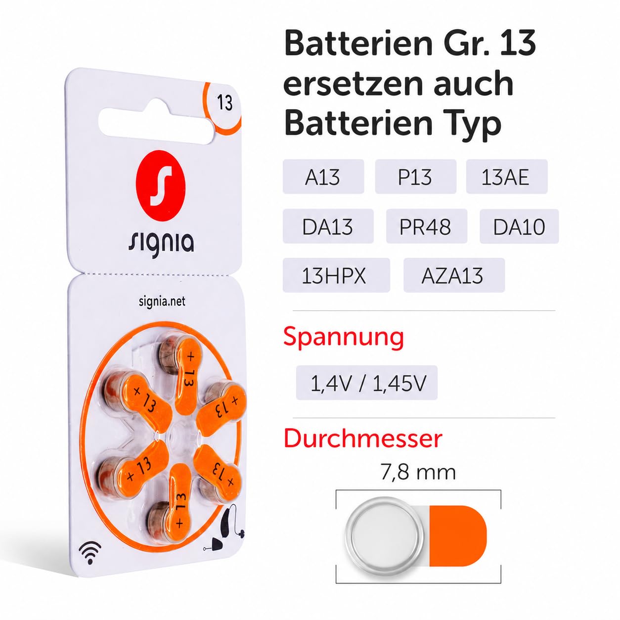 Siemens-Signia Lot de 120 piles pour appareils auditifs, type 13, orange, fabriquées en Allemagne, avec chiffon de nettoyage, sans fil, sans mercure