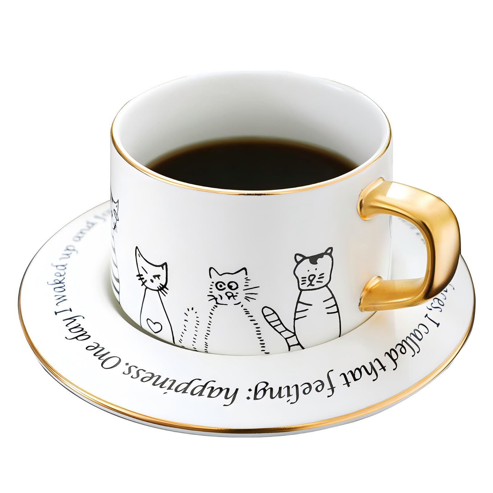Ceramic Cat Motif Coffee Cup and Saucer Set, White Ceramic Mug With Plate, Classic Cup for Milk, Juice, Latte, Tea, Cappuccino, Mocha
