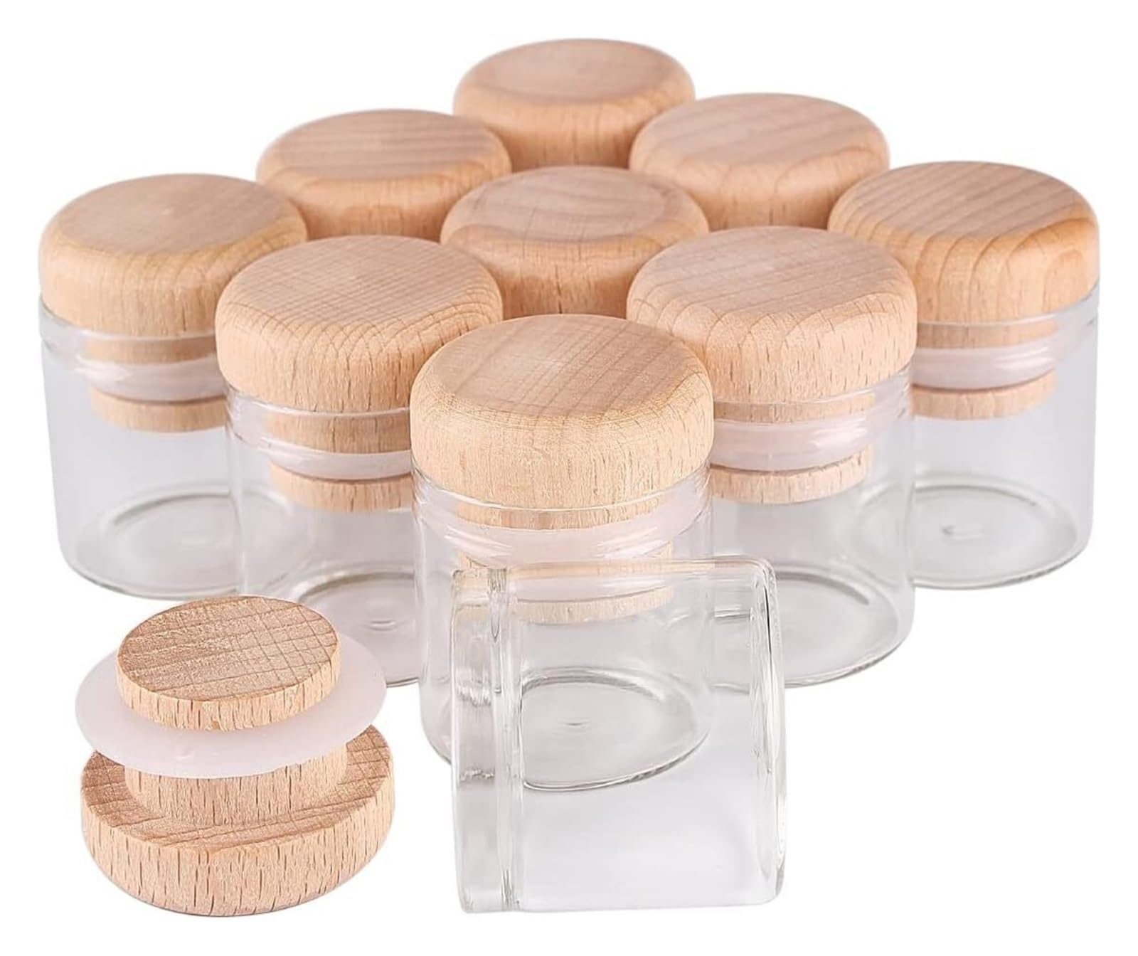 Przezroczyste szklane probówki, Opakowanie 24 probówek 10 ml z drewnianymi nakrętkami, przezroczyste, 30 mm x