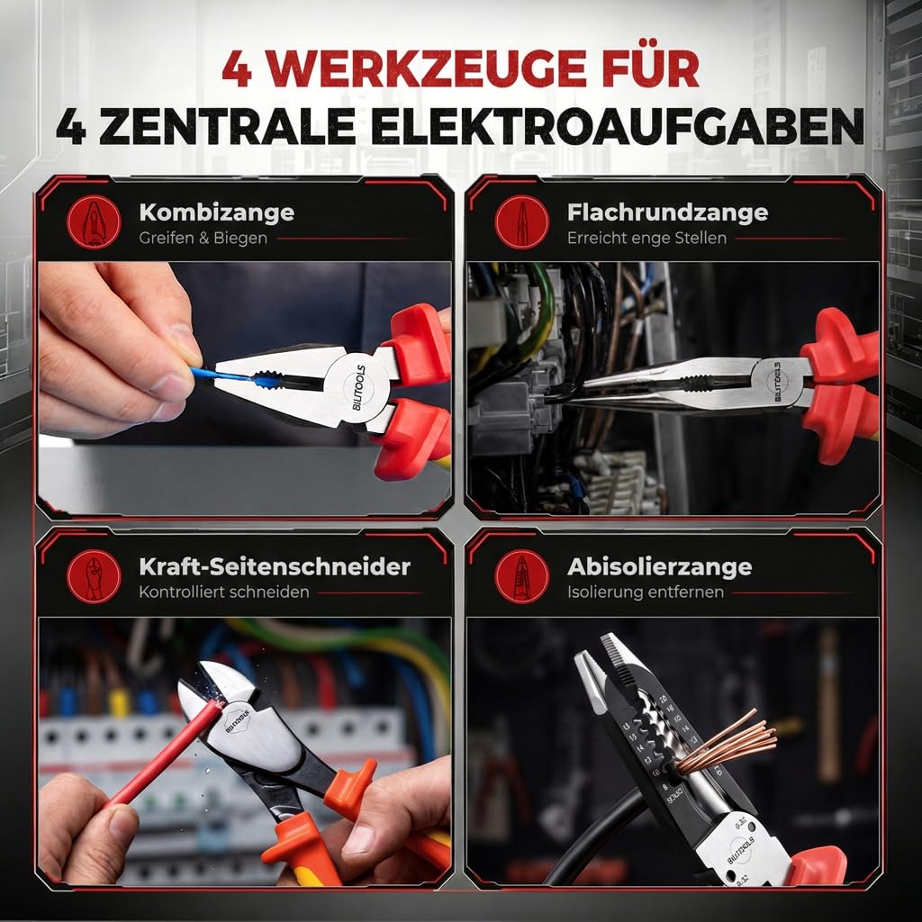 BILITOOLS Vde Zangen Set 4-tlg, Elektriker Zangen 1000V Isoliert, Cr-Mo