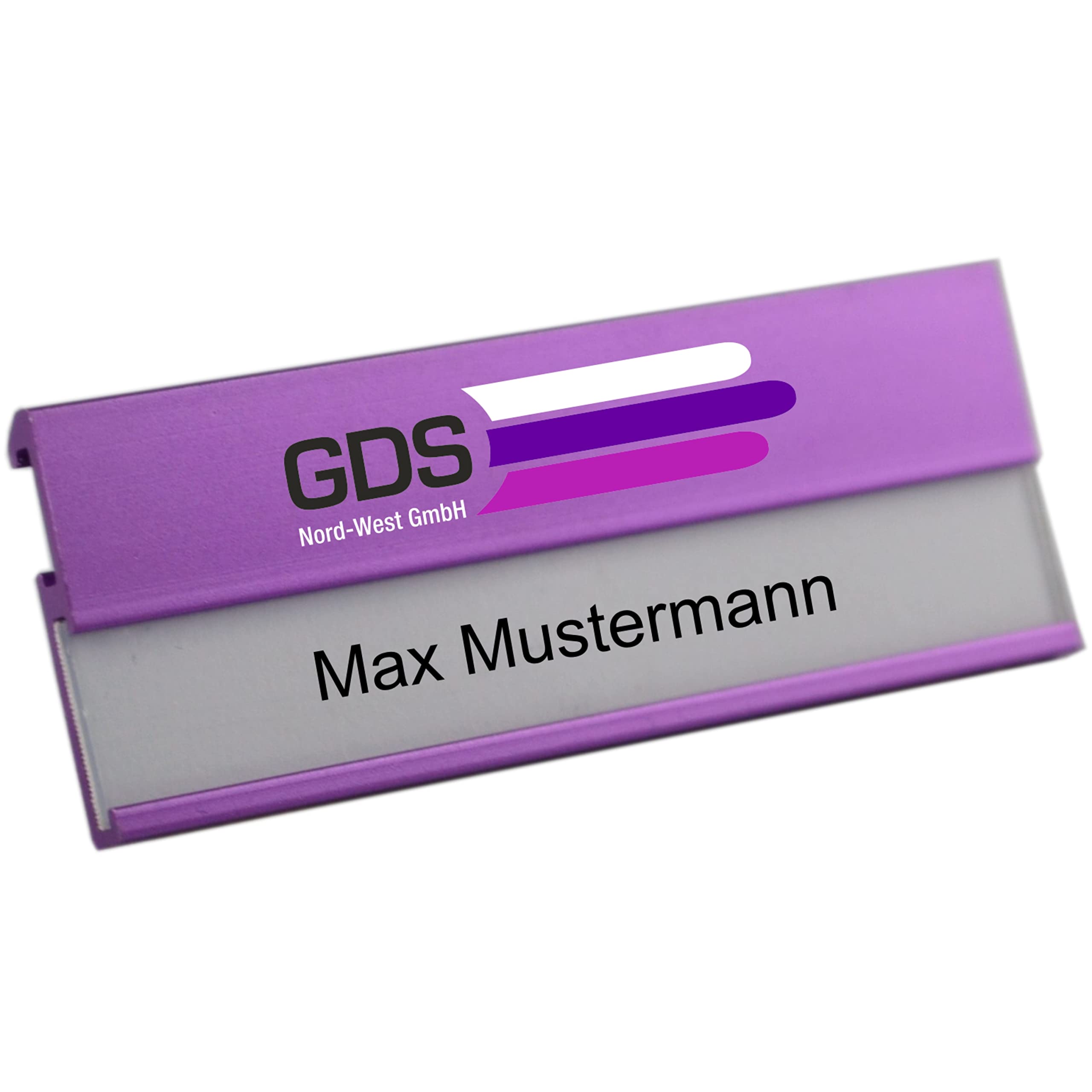 Aluminium Namensschilder violett eloxiert, aus Metall, Größe 70x25 mm, mit Magnet und Nadel/Clipkombination, individuellem Logodruck, Farbdruck mit Ihrem Logo, Magnetbefestigung, Name Badge, Namensschild für Kleidung, selbstbeschriftbar, mit Ihrem Logo, N