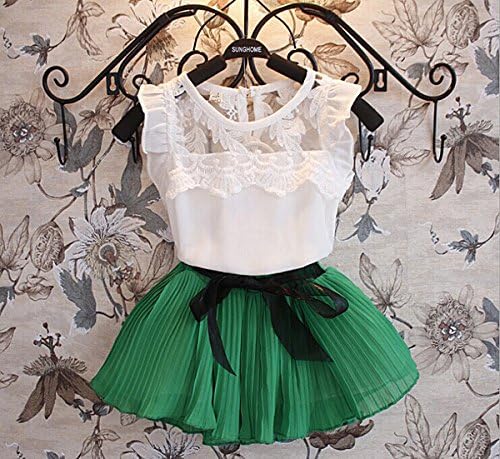 Girls Lace Stitching Sleeveless Vest + Chiffon Skirt Suit Children's Green Clothes 130