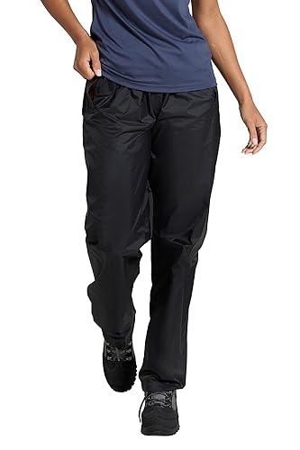 Mountain Warehouse Pakka Womens Waterproof Over Trousers - Packaway Bag, Breathable Rain Pants, Hook & Loop Ankle Opening Ladies Rainwear - for Spring Summer & Outdoors - 12 - Black