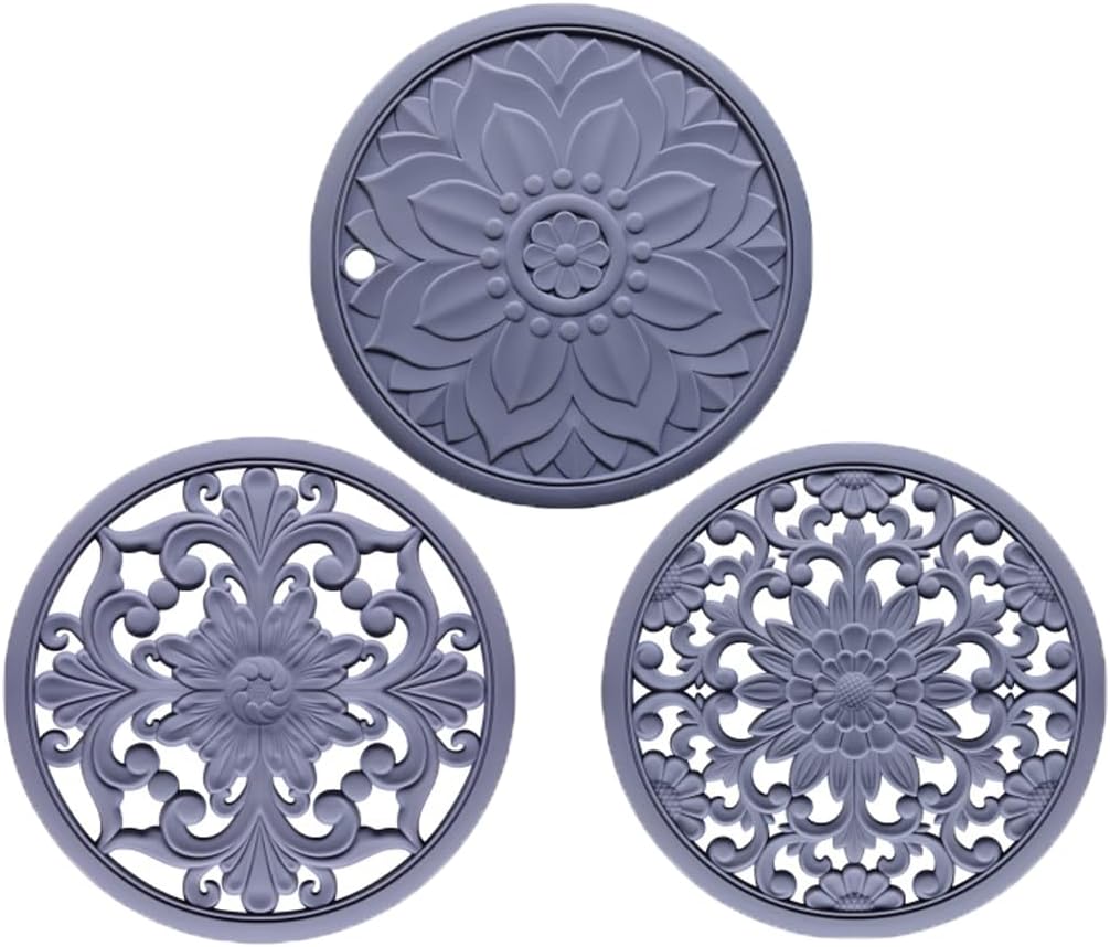 Silicone Trivet for Hot Pots - Heat Resistant Non-Slip Lotus Mat for Counter, Flexible Round Pad (Single 7" or 3-Piece Sets) (Gray,3-Piece Set (20cm))