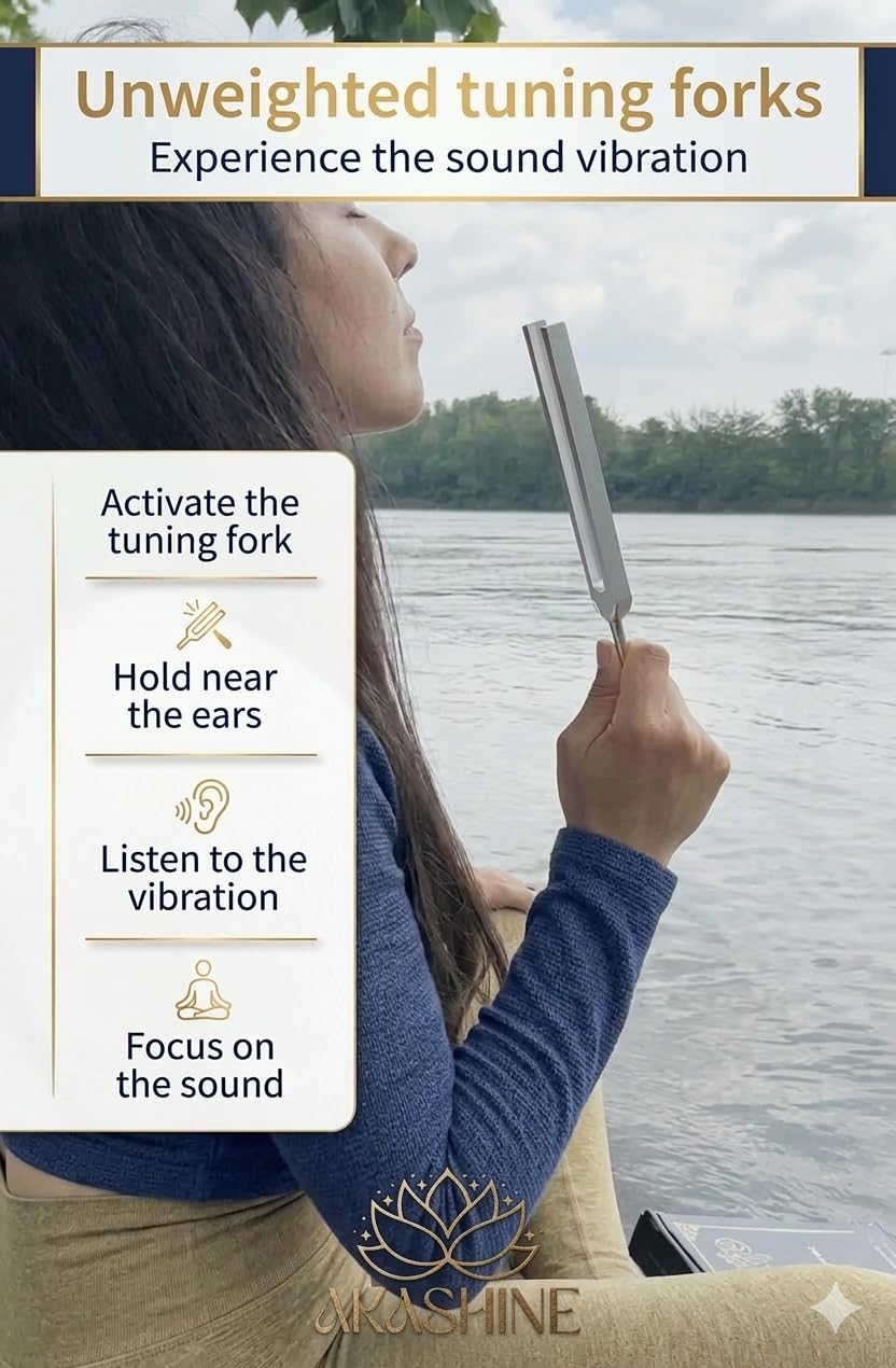 Juego de tenedores de afinación para curación, 128 Hz, 136,1 Hz, 256 Hz, 528 Hz, chakra, yoga y meditación, incluye guía de papel y generador de frecuencia para curación, instrumentos de