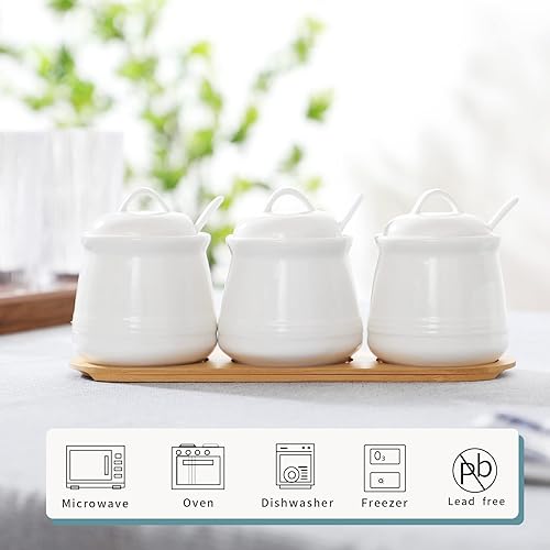 Vista 2 de HAOTOP Juego de 3 tarros de porcelana para condimentos con bandeja, 12 onzas, color blanco