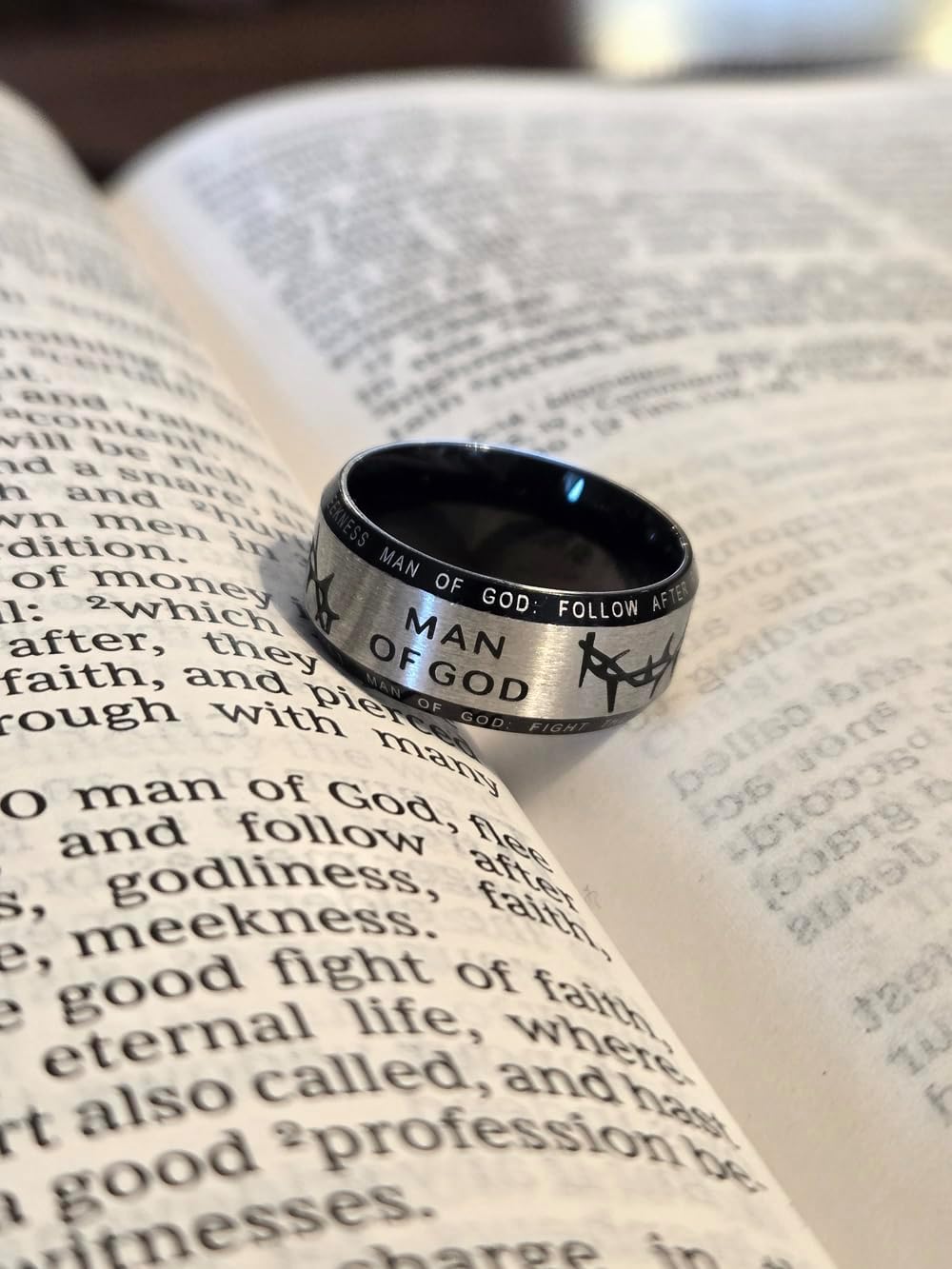 Christian Black Crown of Thorns Man of God Stainless Steel Ring 1 Timothy 6:11-12