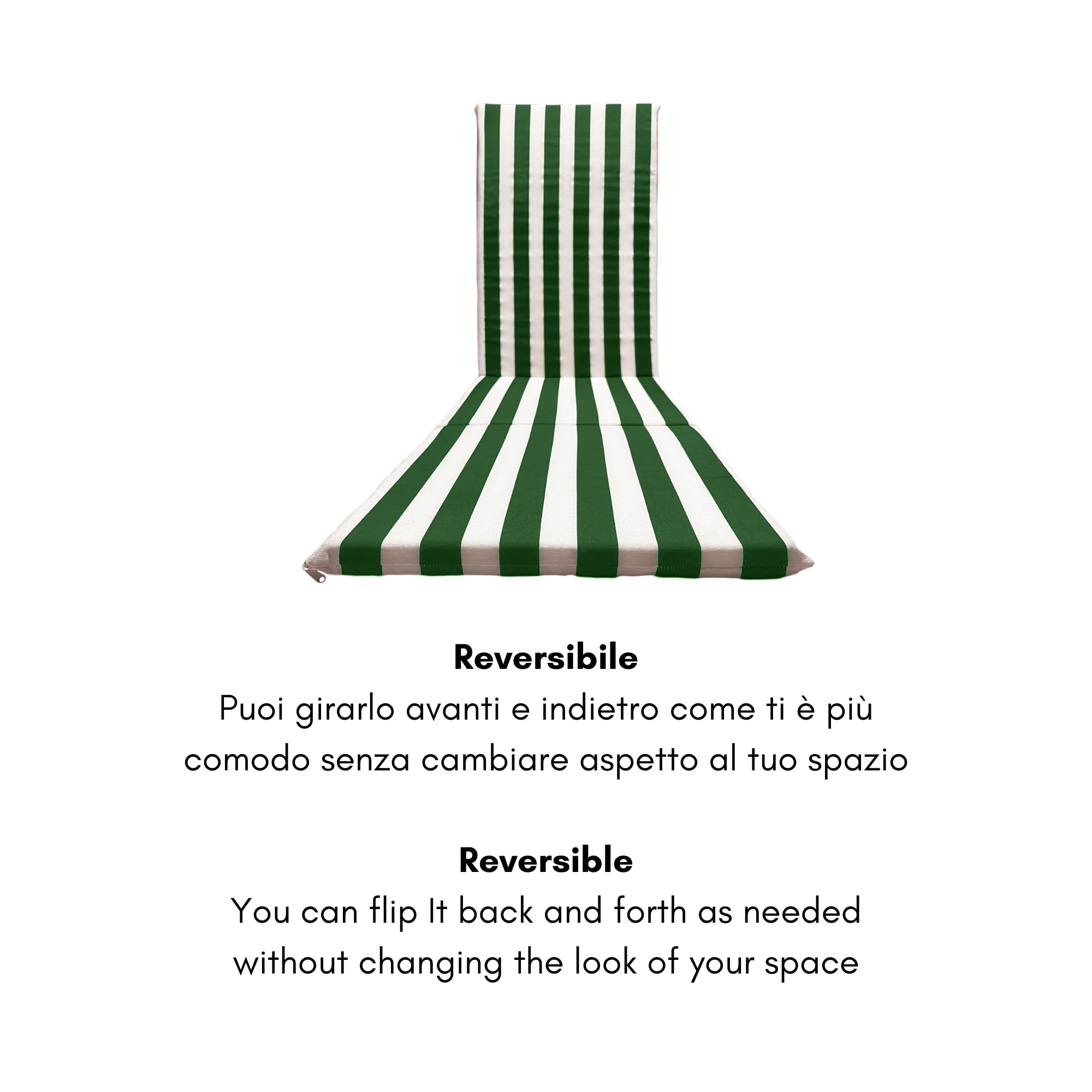 Il Tuo Artigiano Design Cuscino Imbottito per Sdraio Mare da Giardino 165x50x3,5 cm Made in Italy - Ricambio Materassino a Righe sedia Sdraio in Legno (Bianco e verde)