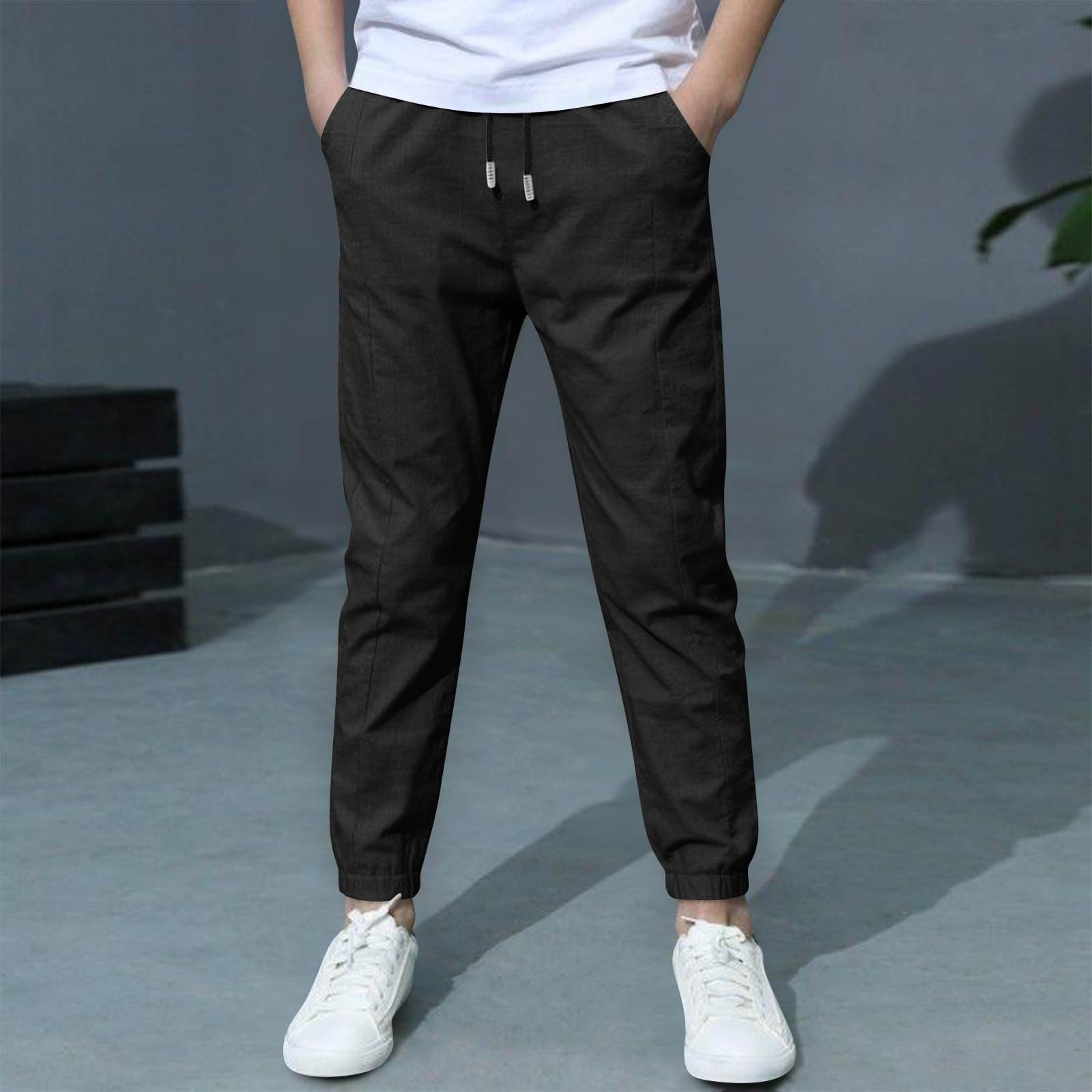 Pantalones de chándal de lino para niños con cordón, cintura elástica, ajuste holgado