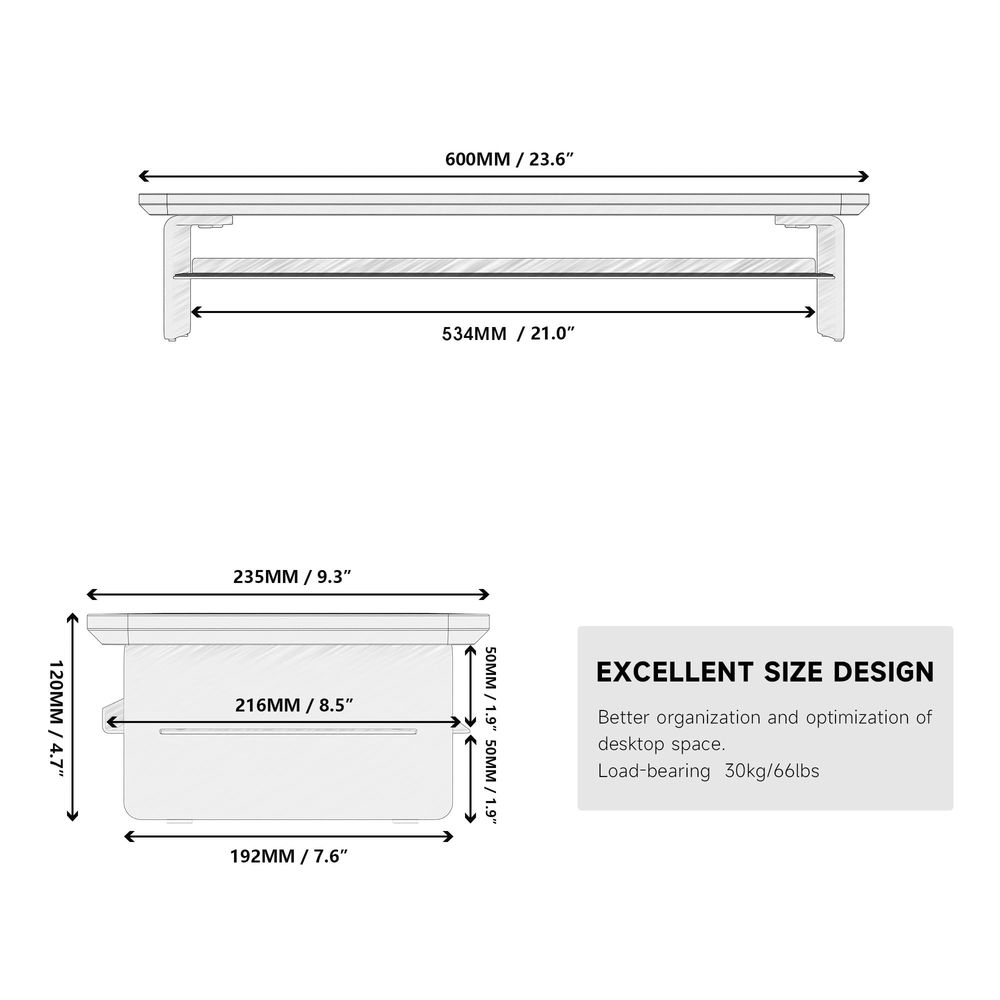 Fenge Supporto Monitor Scrivania in Acrilico, Rialzo Monitor con Ampio Spazio di Archiviazione, Monitor Stand per PC, Laptop, TV, Casa, Ufficio (Bianco, 60cm)