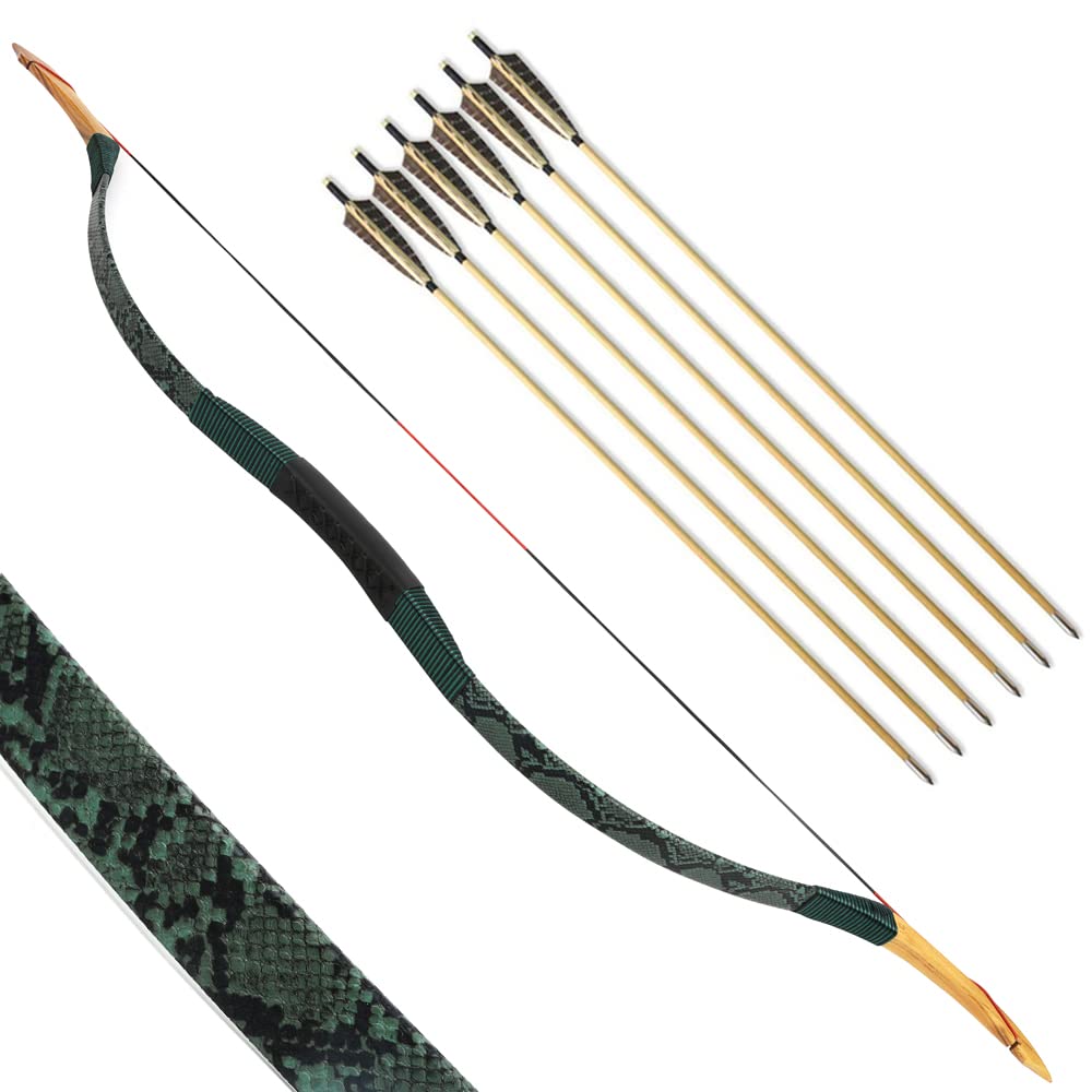 SHARROW Archery Traditional Bow Recurve Bow and Arrows Set Handmade Longbow Wooden Mongolian Horsebow Hunting Bow 20-50lbs for Adult Shooting Practice (35lbs, Dark Green)