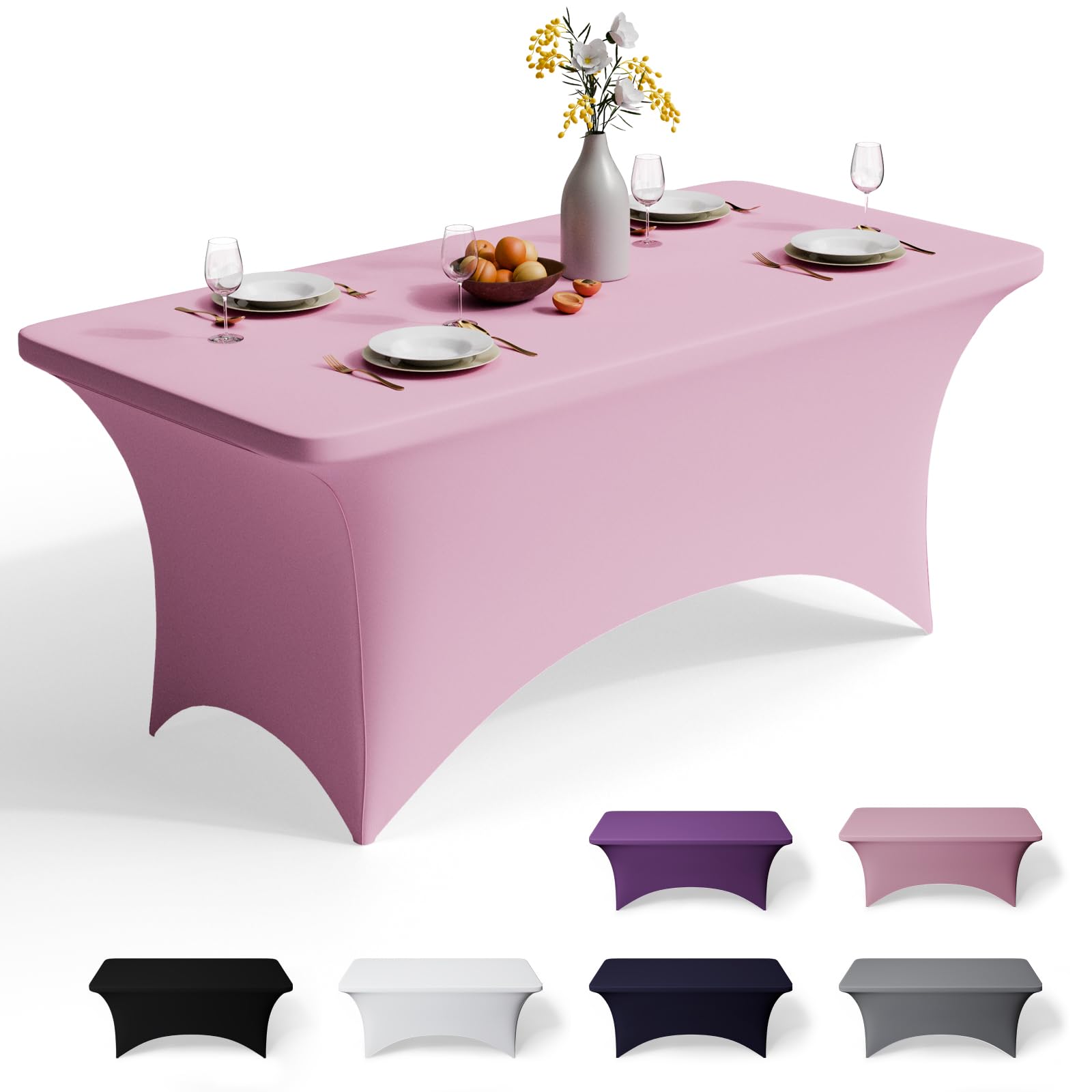 GFCC 8FT Spandex Table Covers - Pink Stretch Fitted Rectangular Tablecloth Washable & Wrinkle Resistant Spandex Tablecloths for Party, Wedding, Banquet, Events & Home