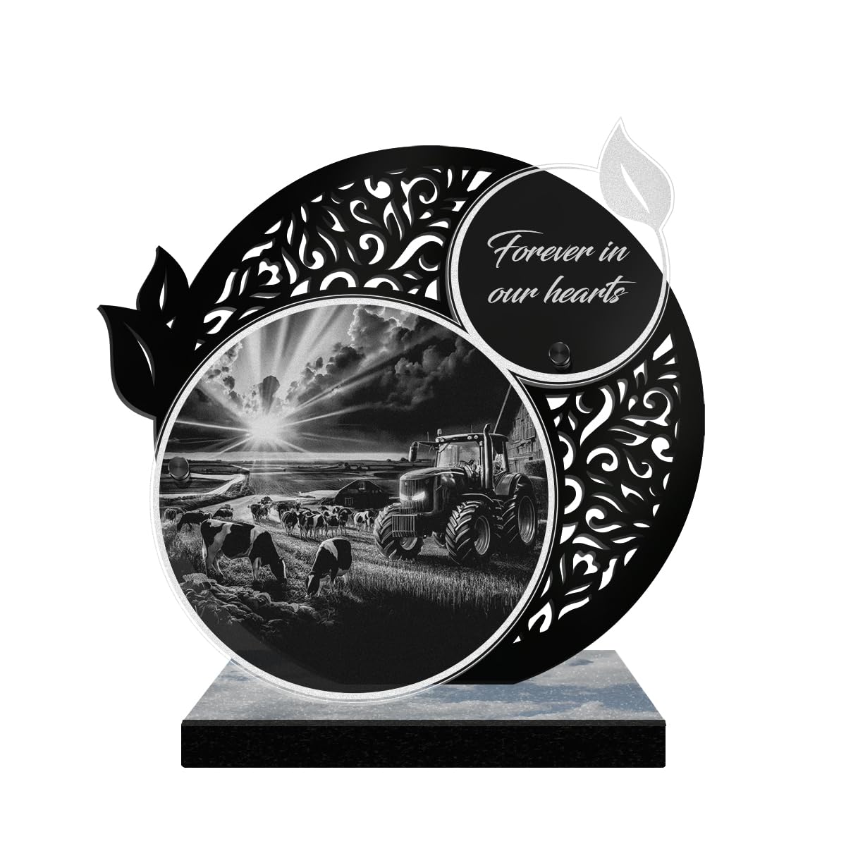 ETERNEL - Personalized Lace Memorial Plaque - Farm Tractor, Farmer, Cow - Customizable text, laser-engraved memorial plaque, tombstone, funeral