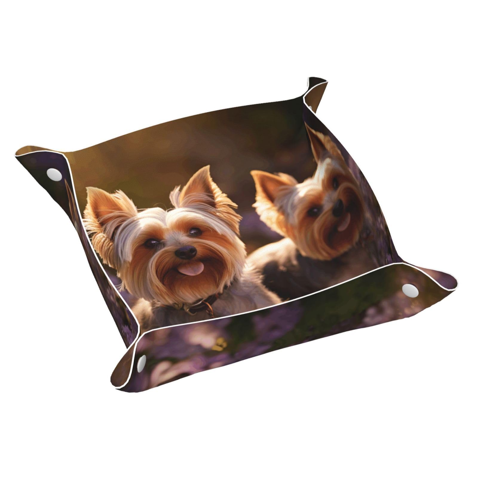 Duwaa Men's White Yorkie Floral Print Leather Valet Tray, Desktop Storage Organizer For Jewelry Organizer, Decorative Tray