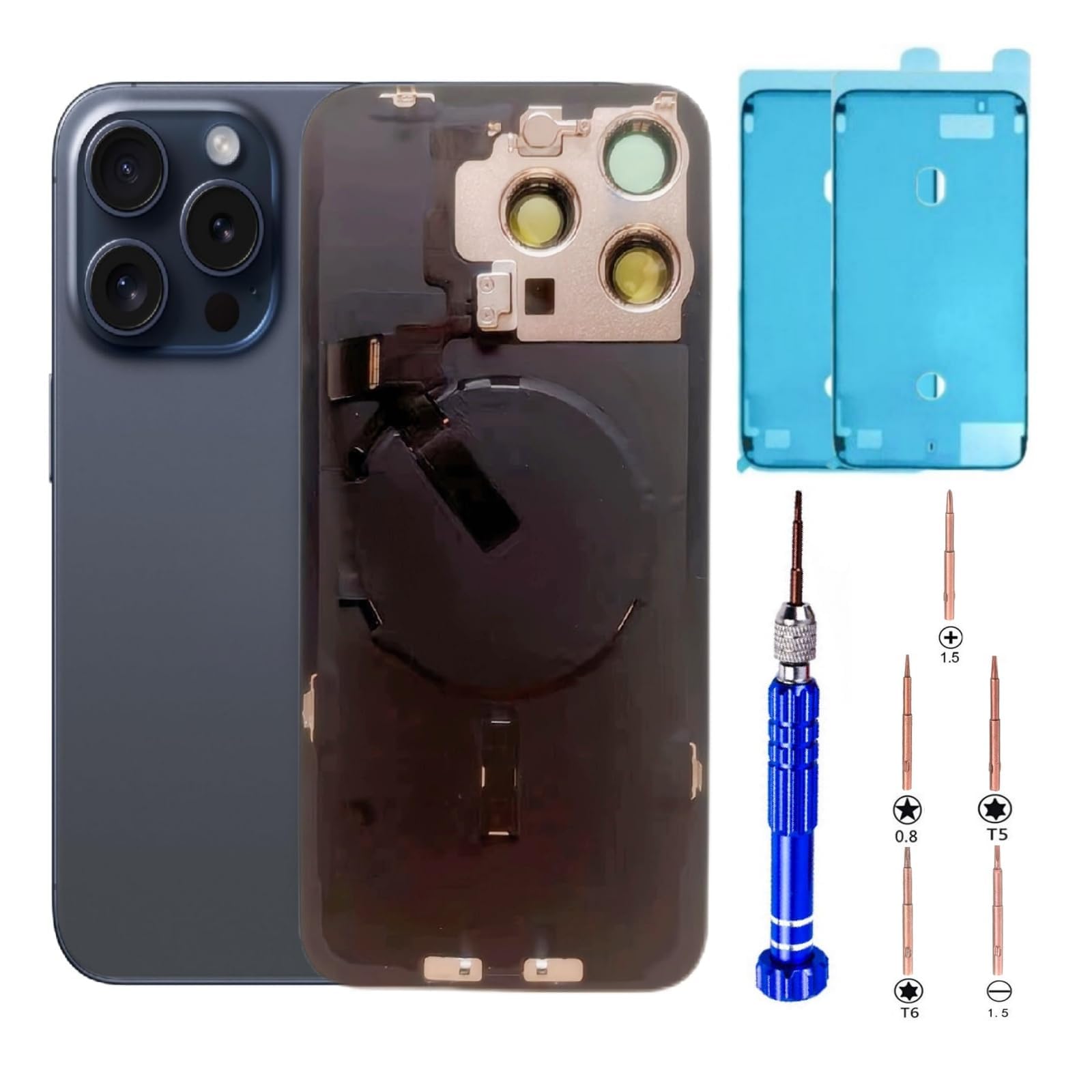 Photo 1 of 15 Pro Max Back Glass Replacement Kit with Plate & Flex Cable and All Parts, with Repair Tools (Blue Titanium)