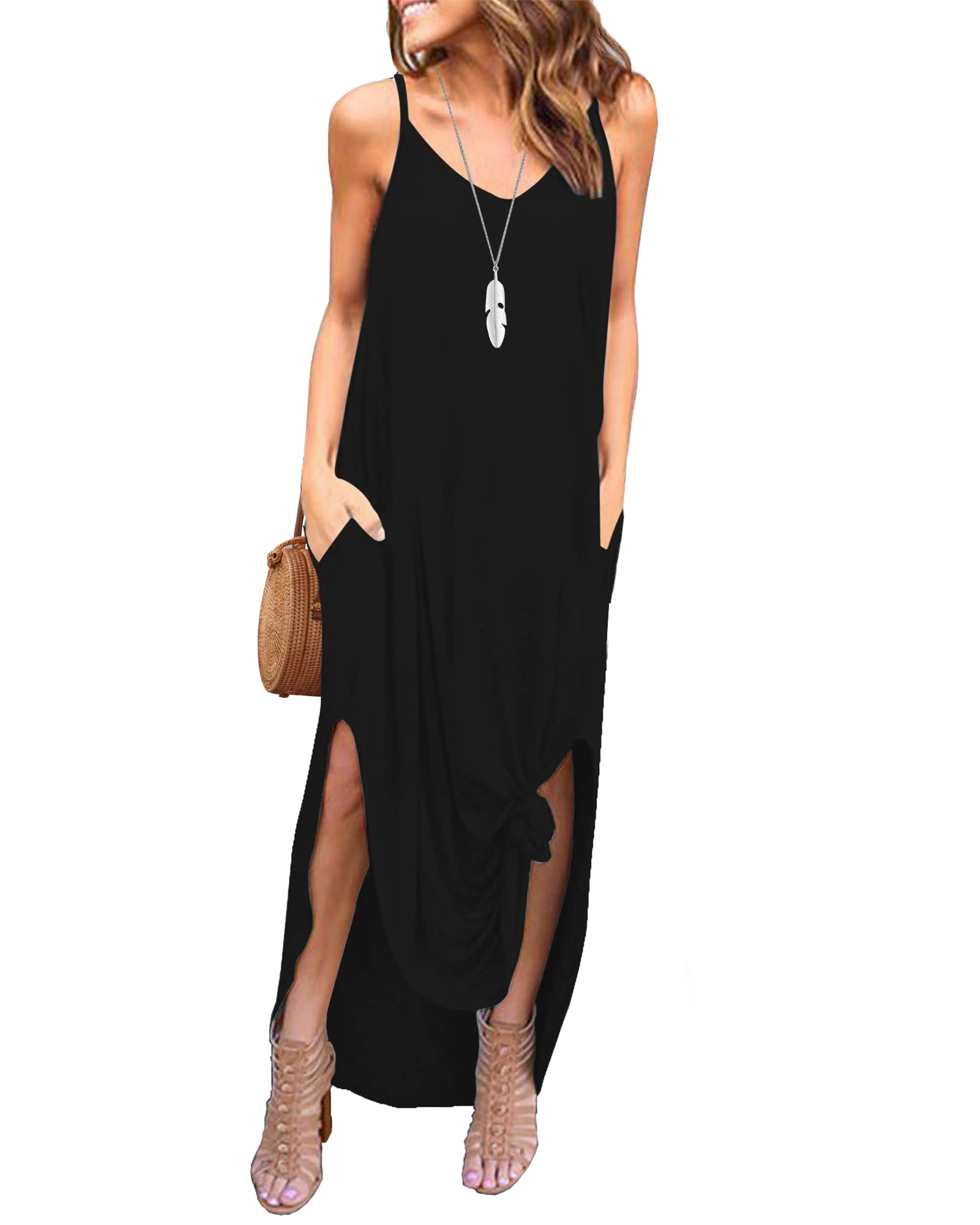 AUSELILY Vestido Largo para Mujer Verano Vestido Playa Sin Mangas Cuello V Maxi Vestido Informal Sexy Bohemio Floral Vestido con Bolsillos