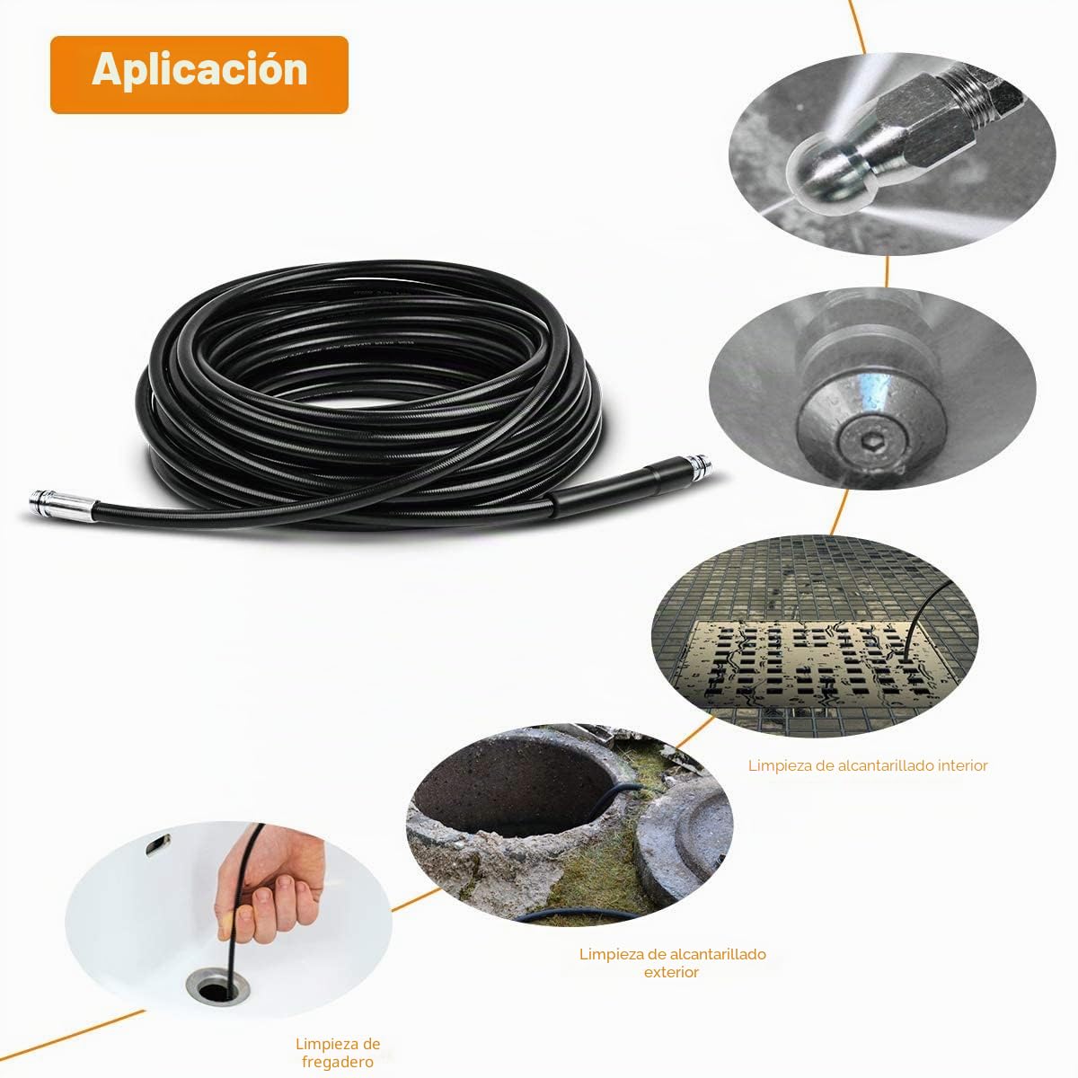 Fai Top 15M Manguera de limpieza de tuberías,Kit de limpieza de manguera de drenaje limpiador de alta presión con boquilla de chorro y boquilla de chorro giratorio para Karcher K2-K7 Series Y LAVOR
