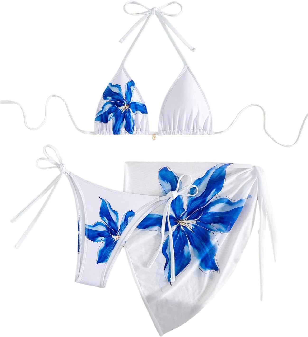 WDIRARA Women's 3 Pieces Floral Bikini Set Halter Triangle String Swimsuit with Cover Up Skirt