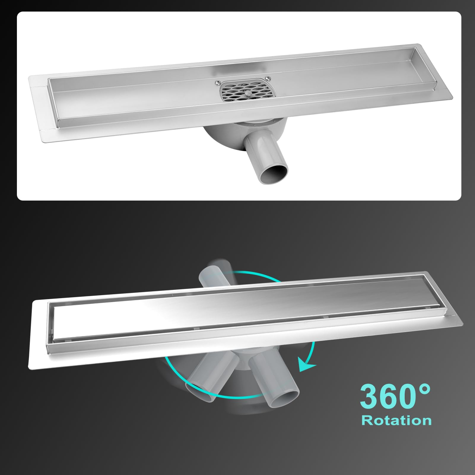 Caniveau de Douche Italienne 30 cm Acier INOX,360° Siphon,Argenté | avec clapet anti-odeurs et filtre à cheveux amovible, Panneau 2 en 1 Caniveau Douche Extra Plate, Drainage Rapide,Solide