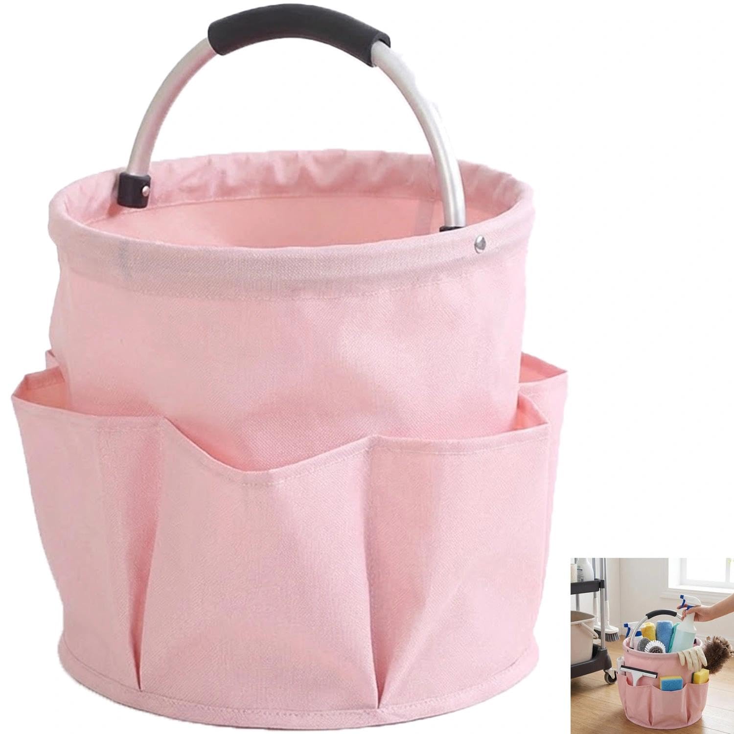 17L Organizer Detergente Pieghevole con Manico Borse Pulizia Caddy in Tessuto Oxford, Cestino Portatile, Rosa