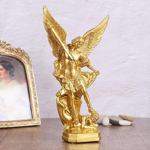 Miniatura 5 de QIANLING Estatua de San Miguel Arcángel de oro de 12.5 pulgadas, estatua de San Miguel en resina, figuras de la colección de San Miguel Arcángel