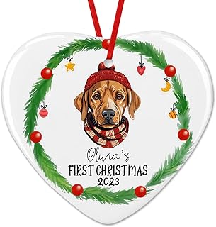 Dinoz My First Christmas Rhodesian Ridgeback Dog Ornament, Baby Dog Born Xmas Personalized Name Both Sides Print Ceramic Heart Ornament Keepsake Gift Decor