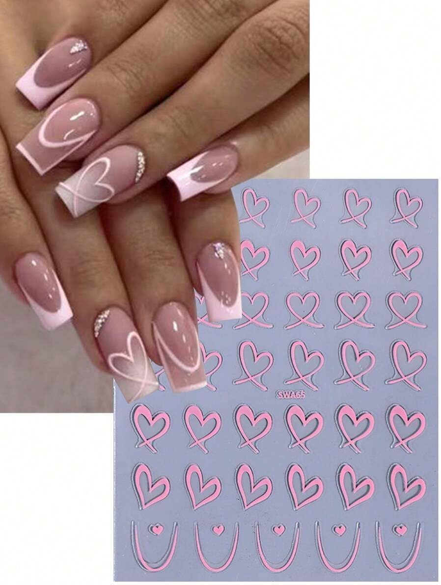 Pink 3PCS Valentine's Day Nail Art Stickers Irregular Stripe Lines Love Heart Decals for Women Valentine Holiday Nail Decoration