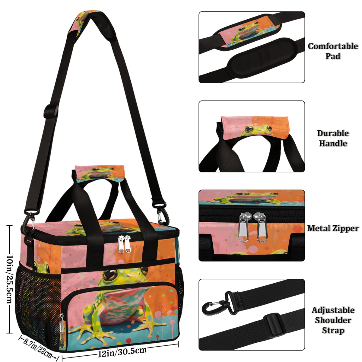 Green Frog Insulated Picnic Backpack Lunch Box for Women Men Picnic Basket Tote Lunch Bag Picnic Bag Portable Lunch Bags for Picnic, Beach, Work, Trip,Office, Camp Watercolor Frog
