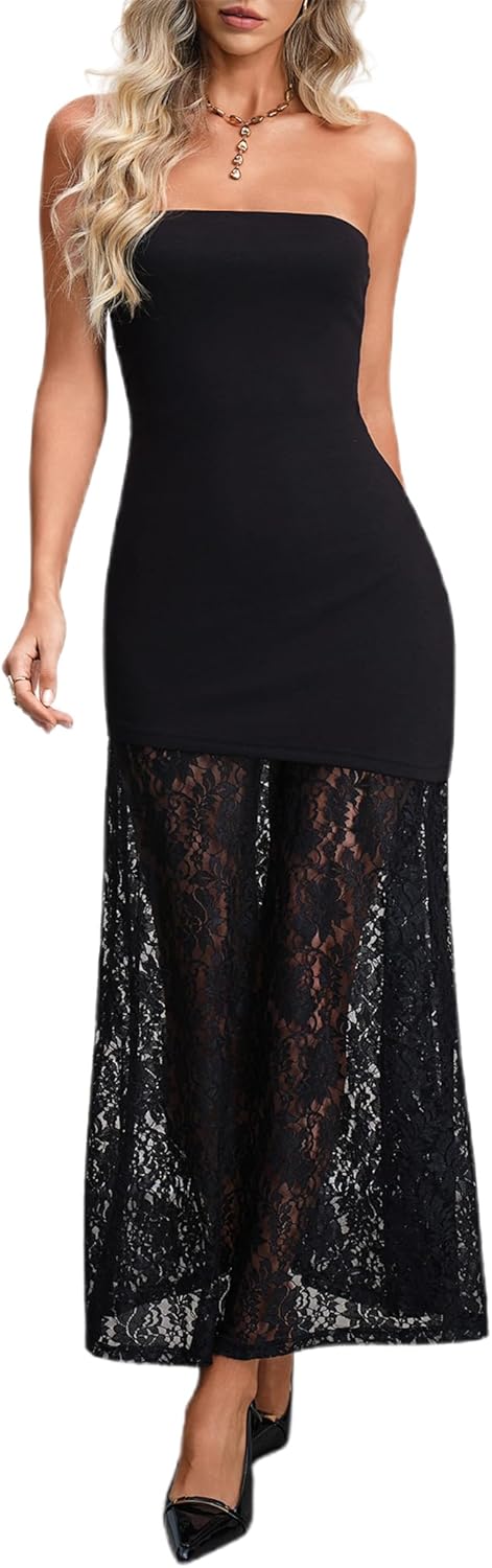 HYPERFIRE Wedding Guest Dresses for Women Summer Strapless Backless Tube Top Maxi Dress with Lace