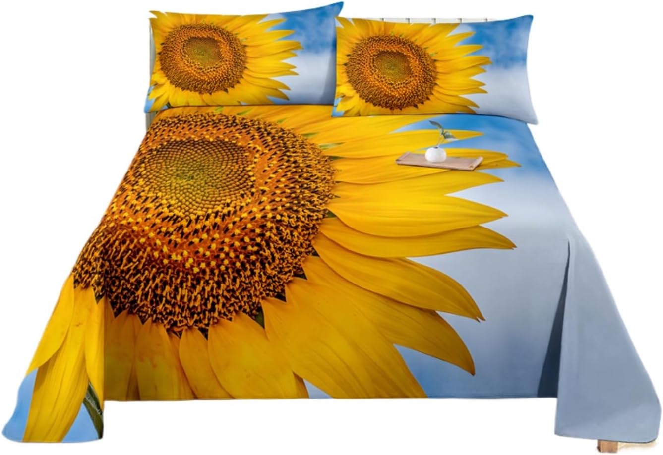 3D Sunflower Bedding Set Sunflower Flower Duvet Cover Sets Butterfly Plant Quilt Covers Pillow King Queen Full Twin Home Textile for Children Bedclothes with Pillow (US Queen,4)