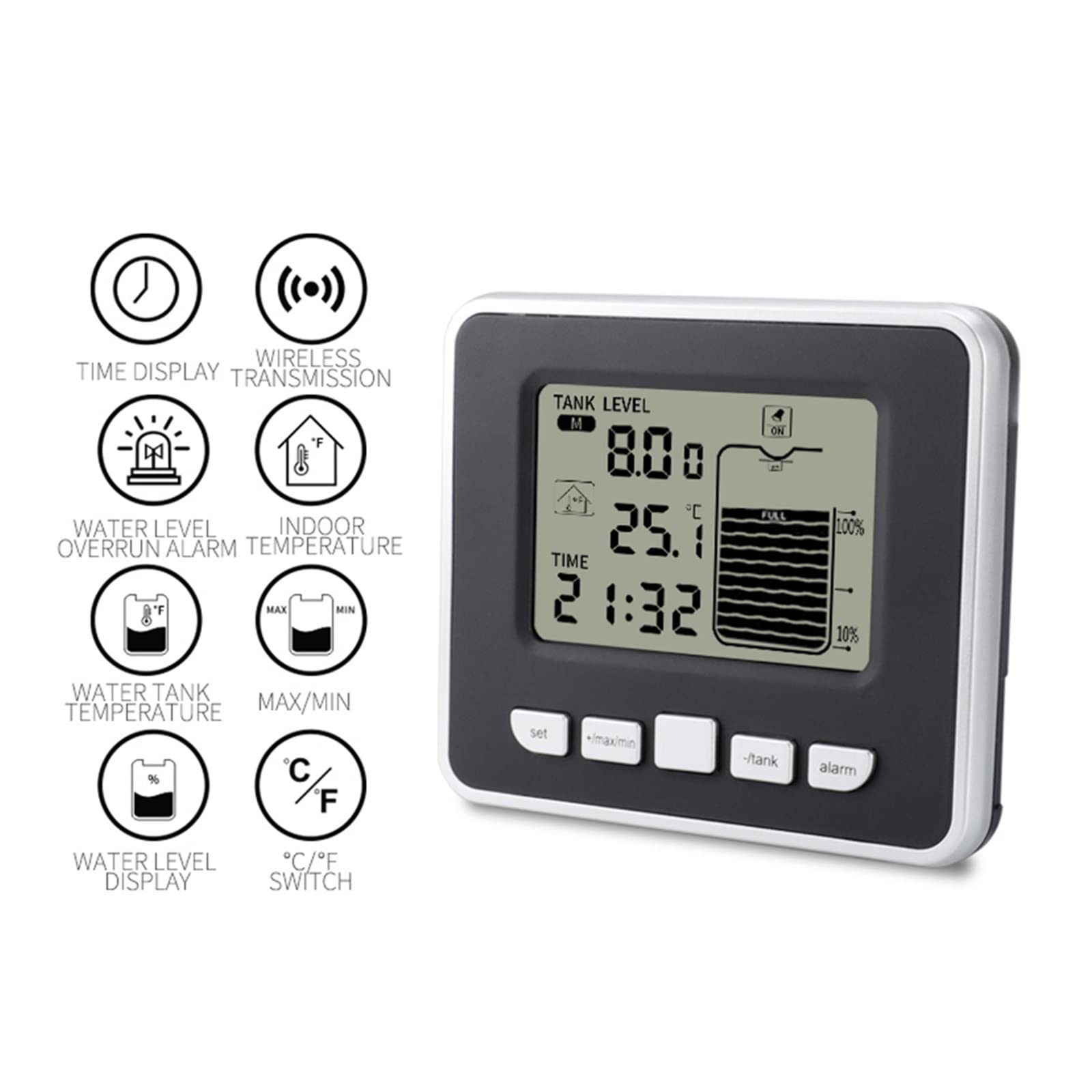Medidor de Gasoil Deposito, Indicador de nivel Medidor de nivel ultrasónico Tanque de agua Medidor de profundidad de líquido Pantalla de sensor LED con pantalla de temperatura Herramientas de medición
