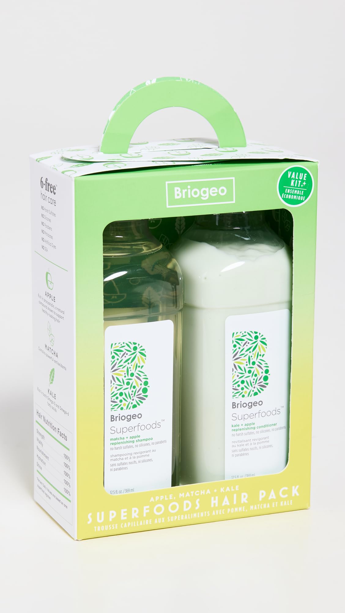 Briogeo Superfoods Apple Matcha Kale Replenishing Shampoo and Conditioner Set, Replenish Dull, Dry Hair and Supports Healthy Hair and Scalp, Vegan, Phalate & Paraben-Free