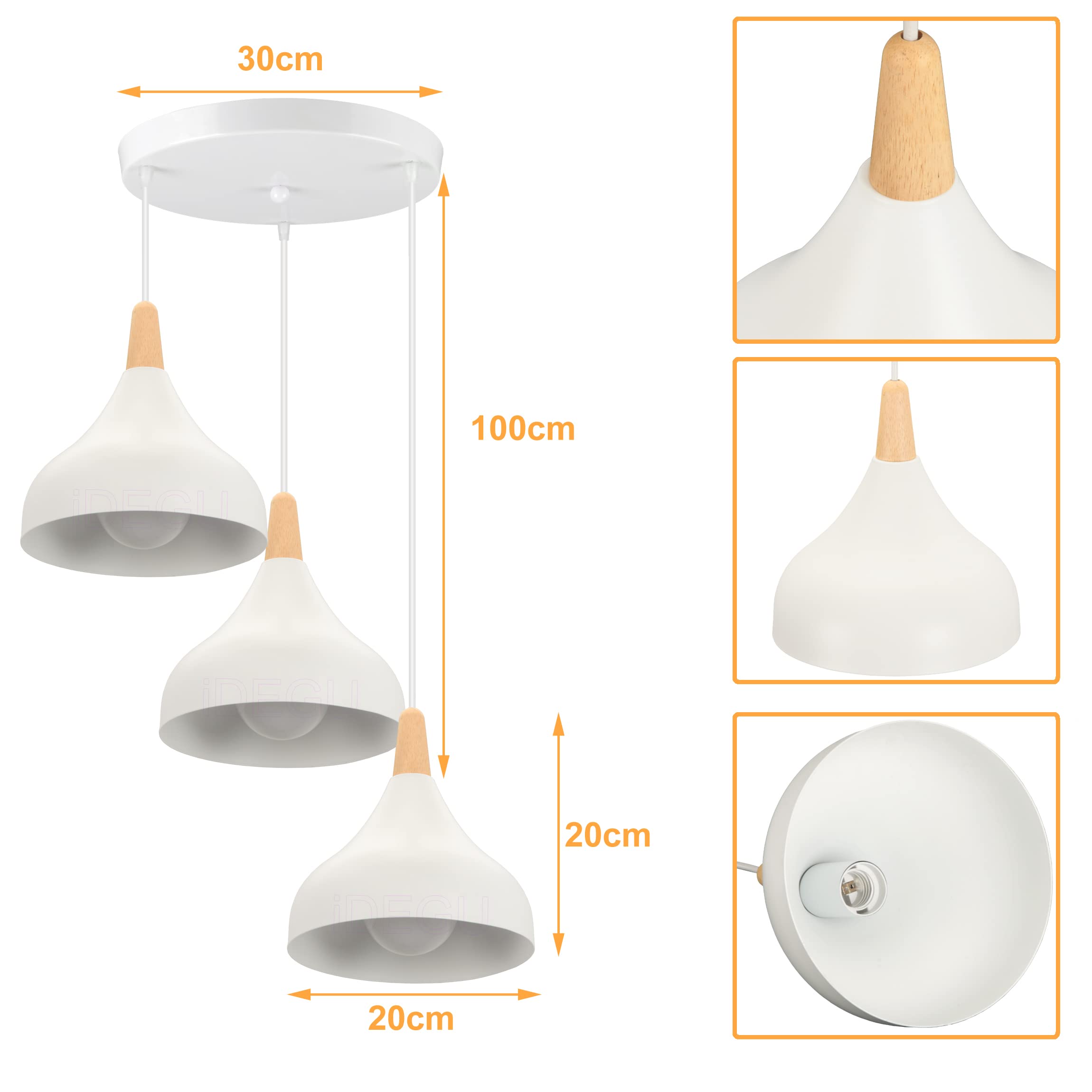 iDEGU Żyrandol lampa wisząca retro 3 lampy nowoczesny styl Drop Hat lampa sufitowa E27 metal drewno lampa sufitowa do sypialni jadalni kuchni średnica 20 cm (biała, okrągła)