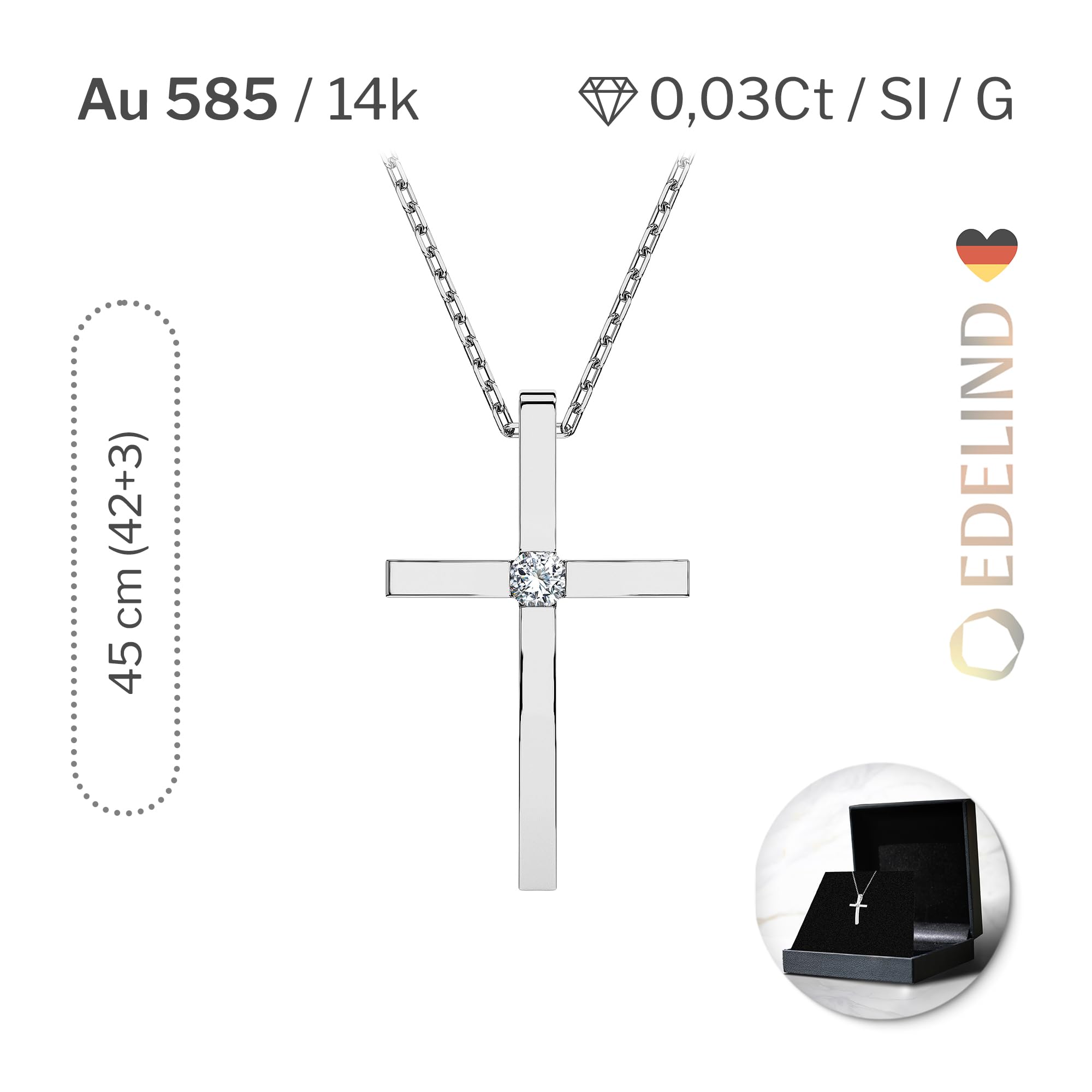 EDELIND Collana Donna con Ciondolo a Croce in Oro 14k con Diamante Solitario 0.03 ct - Catenina Forzatina per Donna e Ragazza - Regalo Comunione e Battesimo
