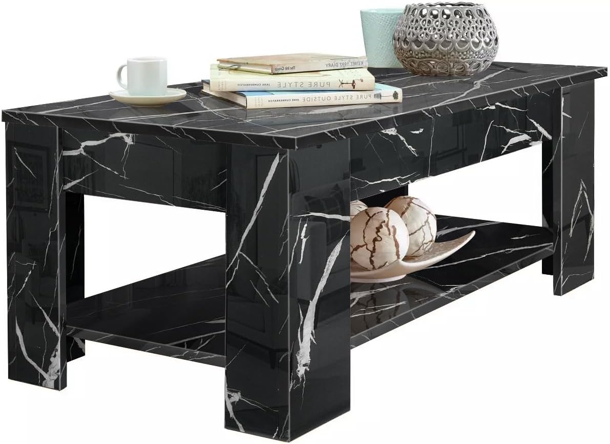High Gloss Lift Top Coffee Table with Storage, Coffee Tables for Living Room Wood Lifting Coffee Table with Storage Shelf Rectangular Lift-Top Sofa End Tea Table, White Marble 120x 60 x 49.5-62.5H cm