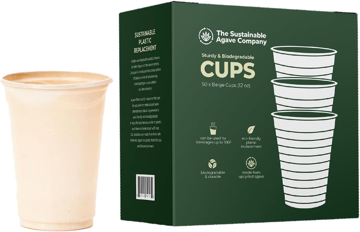 Sustainable Agave Co Sweet Agave Fiber Cups, 12 oz, 50 Count, Biodegradable Plant-Based, Made with Upcycled Materials, Beige