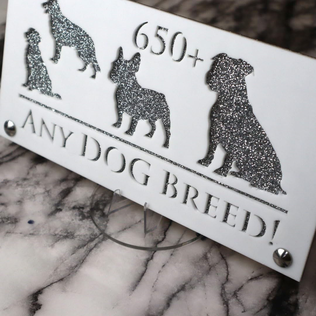 K Smart Sign | 280mm x 140mm | Personalised Dog Luxe property house Dogs wall number address Any-Dog personalised plaque numbers signs fully personalised choose your own (White & Silver Glitter)